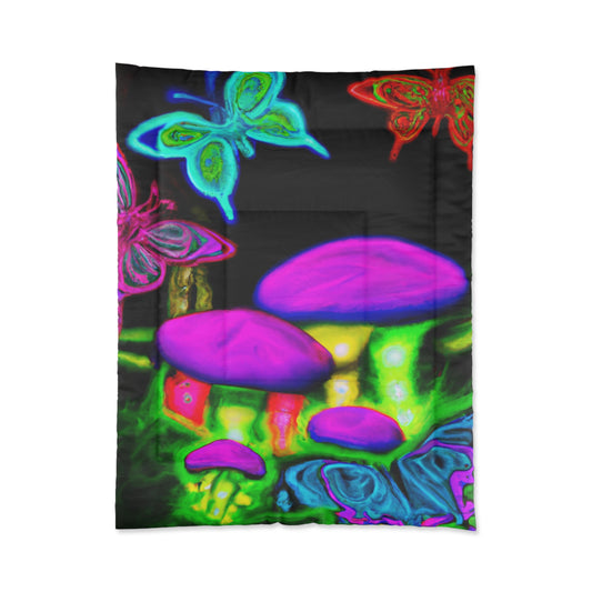 "Neon Rainforest Symphony" Butterflies & Mushrooms Comforter Blanket