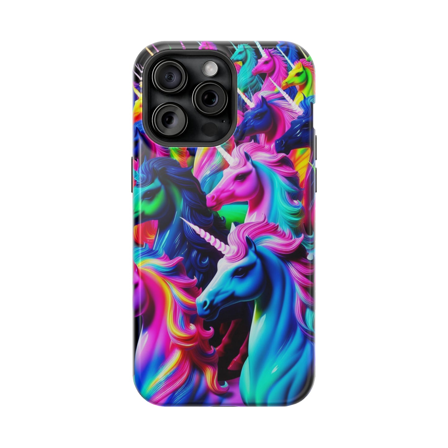 "Neon Illumination" Neon Unicorns Premium Art Magsafe Magnet Tough IPhone 13 14 15 Pro Plus Max and Mini in Matte and Glossy Phone cases