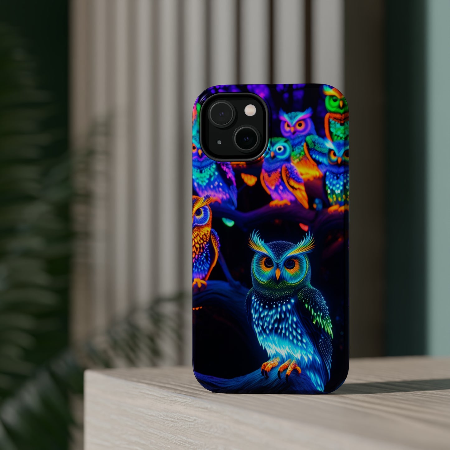 Glowing Neon Clan. Neon Owls Premium Art Magsafe Magnet Tough IPhone 13 14 15 Pro Plus Max and Mini in Matte and Glossy Phone cases