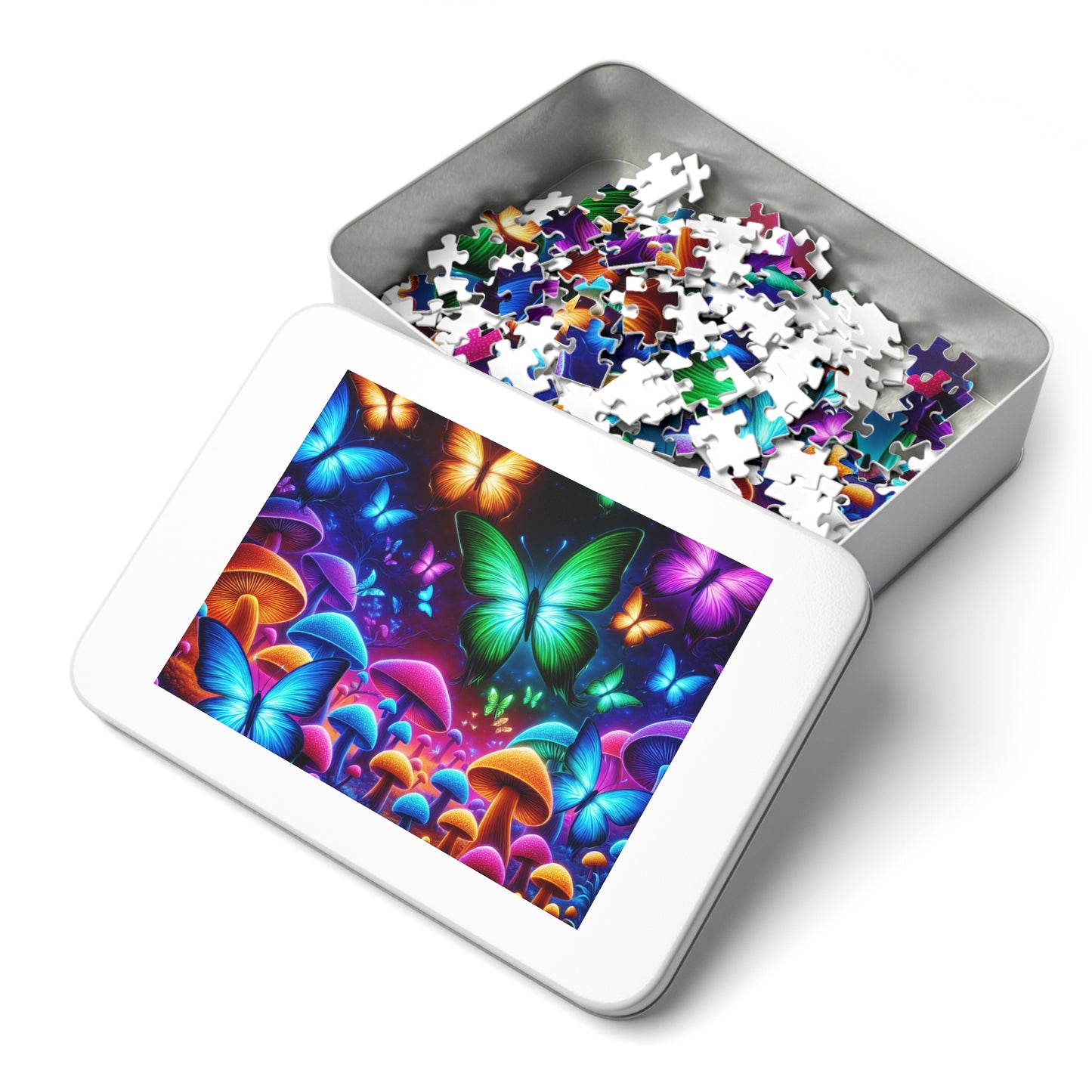 Neon Splurge. - Neon Butterflies and Mushrooms Puzzle 30, 110, 252, and 1000 Pieces