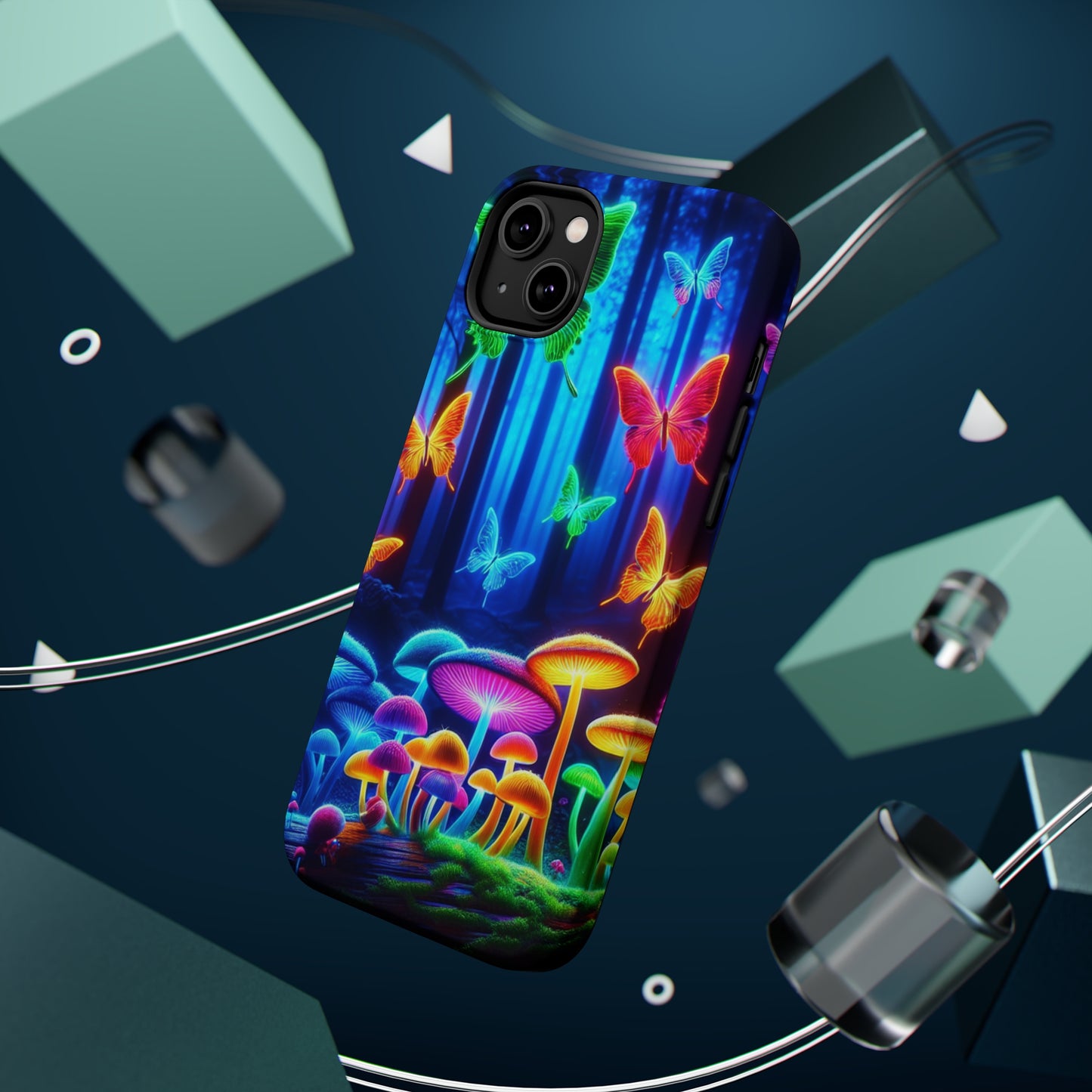 "Neon Garden Delight" Neon Butterflies and Mushrooms Premium Art Magsafe Magnet Tough IPhone 13 14 15 Pro Plus Max and Mini in Matte and Glossy Phone cases