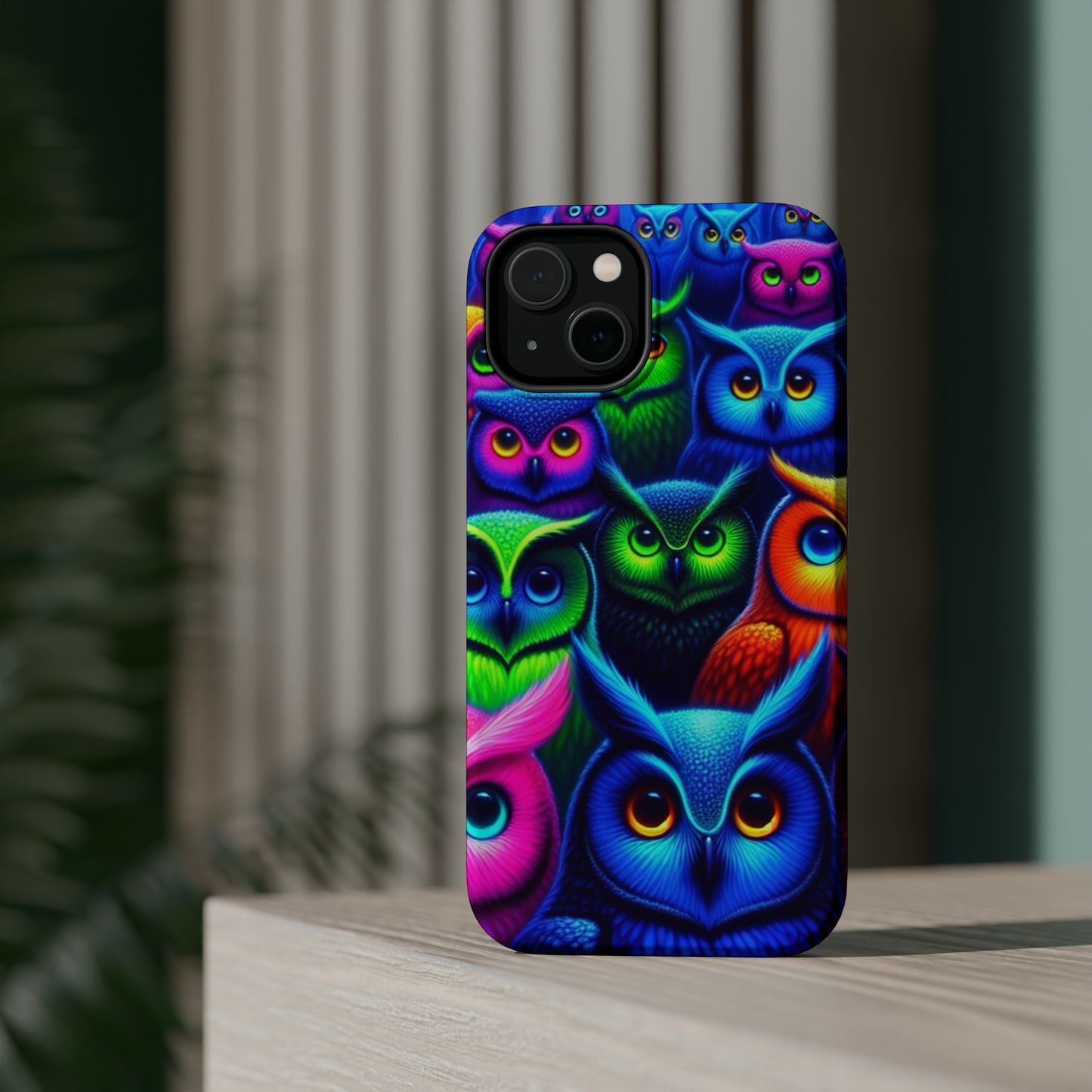 Neon Owlish Delight. Neon Owls Premium Art Magsafe Magnet Tough IPhone 13 14 15 Pro Plus Max and Mini in Matte and Glossy Phone cases