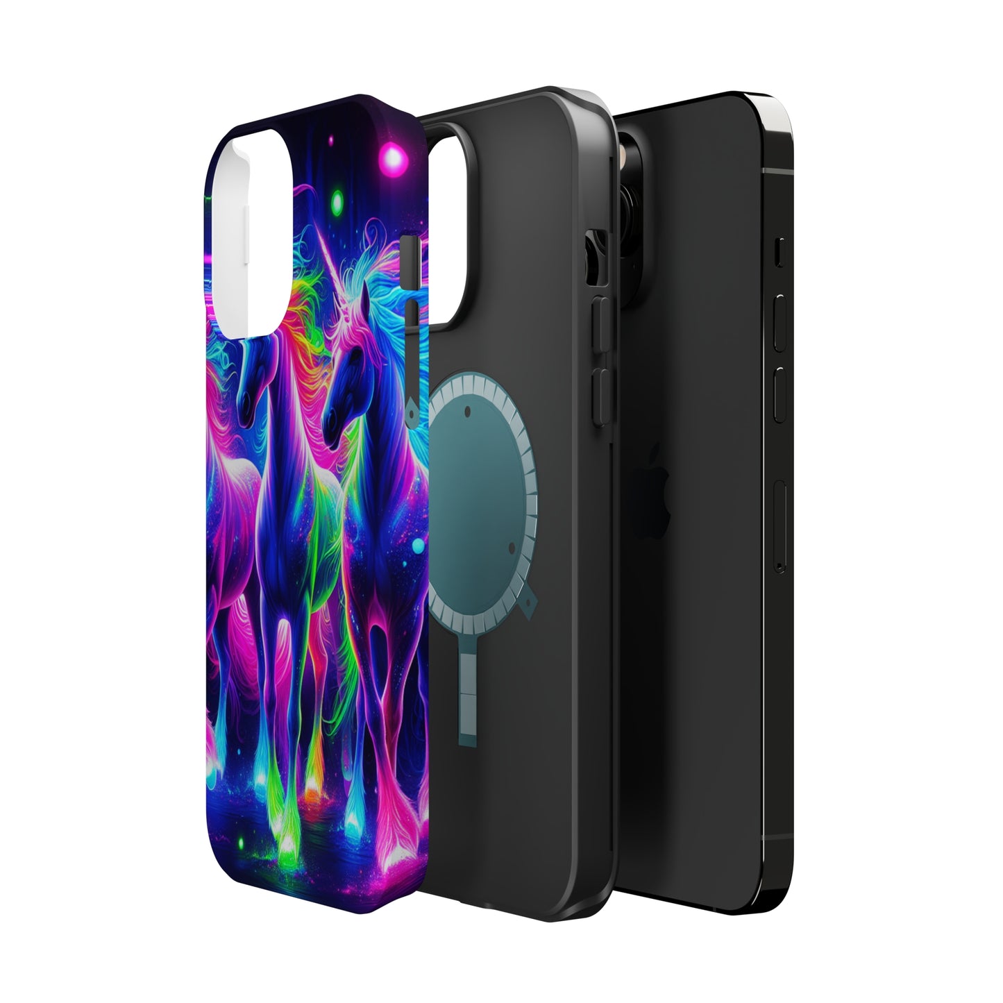 "Uni-Neon Fantasy" Neon Unicorns Premium Art Magsafe Magnet Tough IPhone 13 14 15 Pro Plus Max and Mini in Matte and Glossy Phone cases