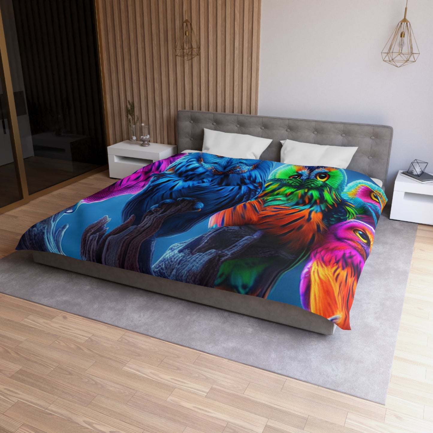 Adolphus van Borcken - NEON Owls Microfiber Duvet Cover