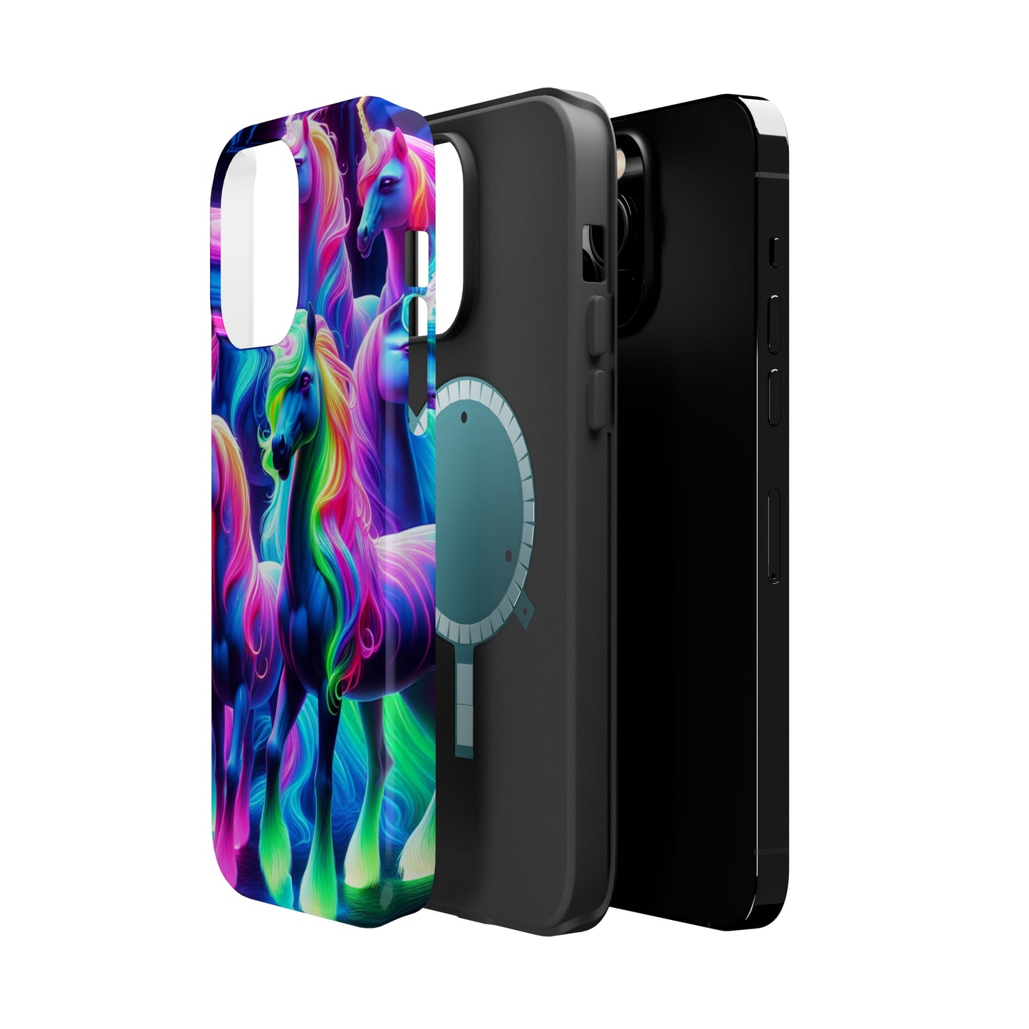 Neon Magic Skies - Unicorn Gang. Neon Unicorns Premium Art Magsafe Magnet Tough IPhone 13 14 15 Pro Plus Max and Mini in Matte and Glossy Phone cases