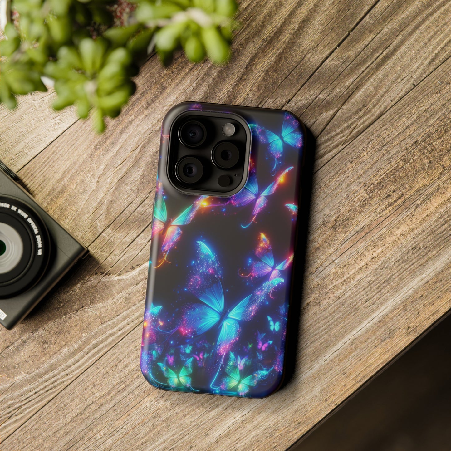"Electrically Vivid Reverie" Neon Butterflies Premium Art Magsafe Magnet Tough IPhone 13 14 15 Pro Plus Max and Mini in Matte and Glossy Phone cases