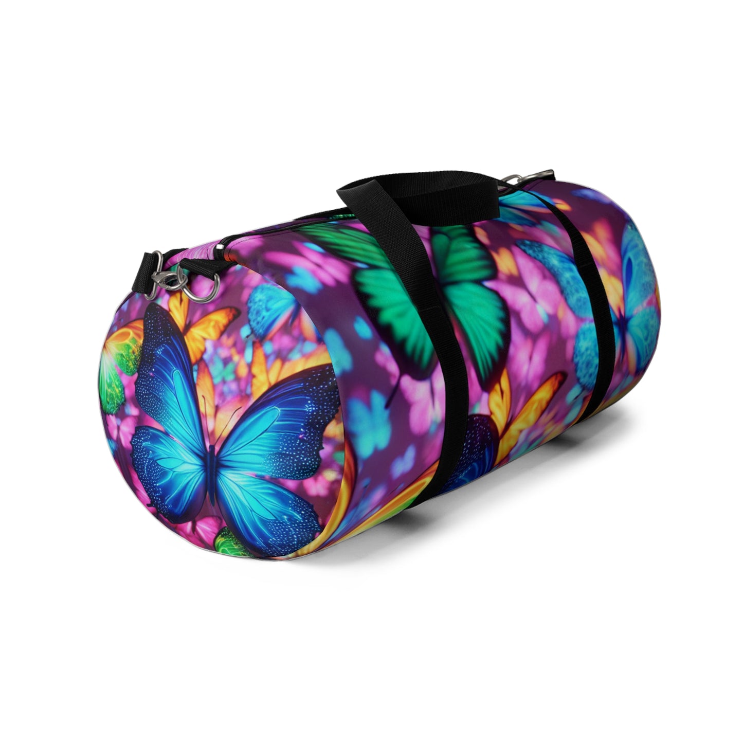 "Illuminated Flutter" - Neon Butterflies Duffle Bag