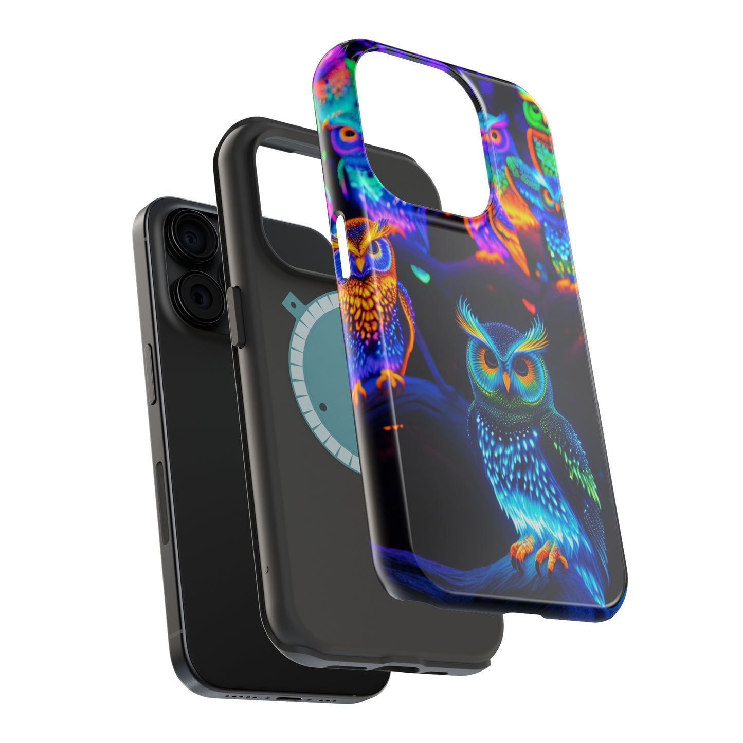 Glowing Neon Clan. Neon Owls Premium Art Magsafe Magnet Tough IPhone 13 14 15 Pro Plus Max and Mini in Matte and Glossy Phone cases