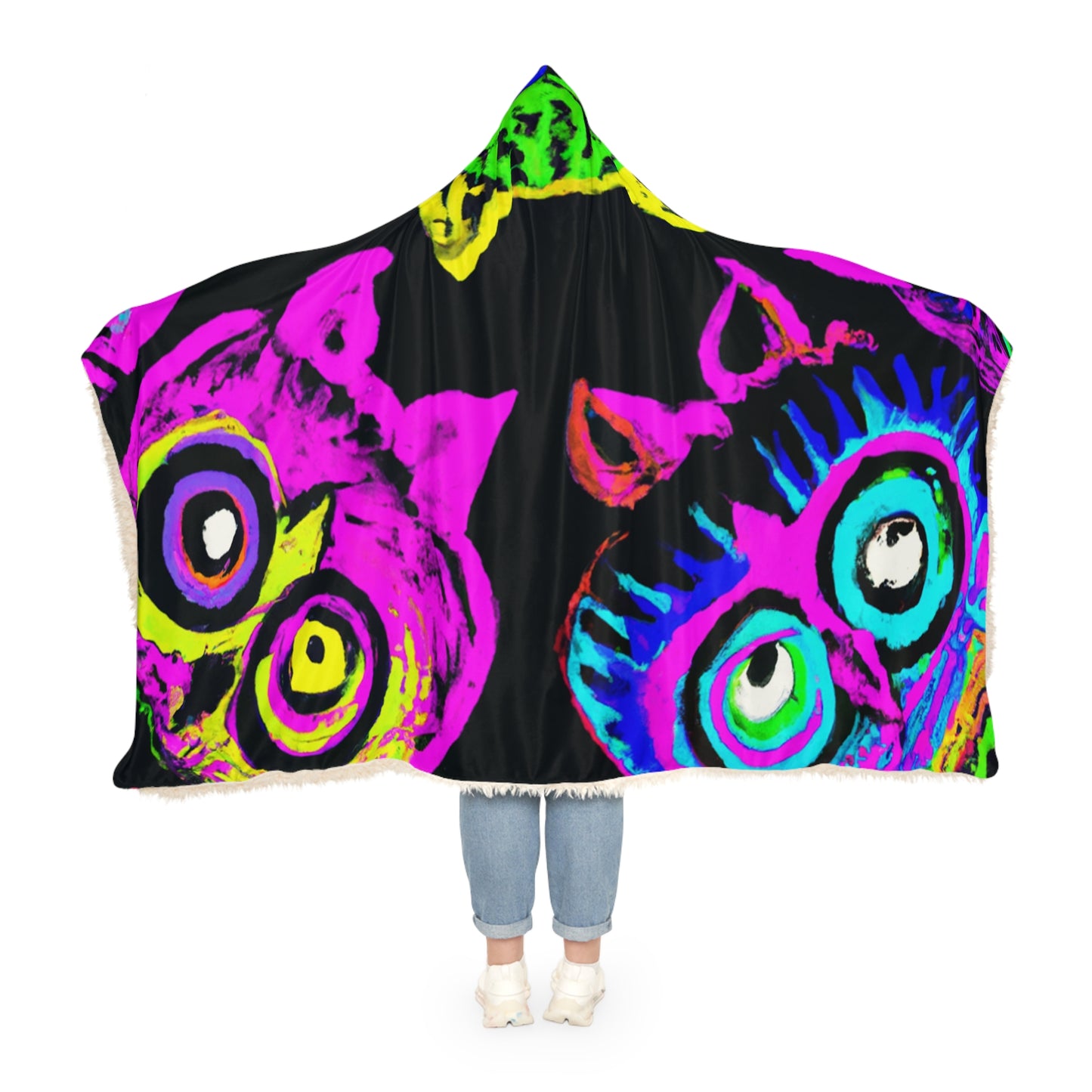 "Neon Night Owls" - NEON Owls Art Hooded Snuggle Blanket