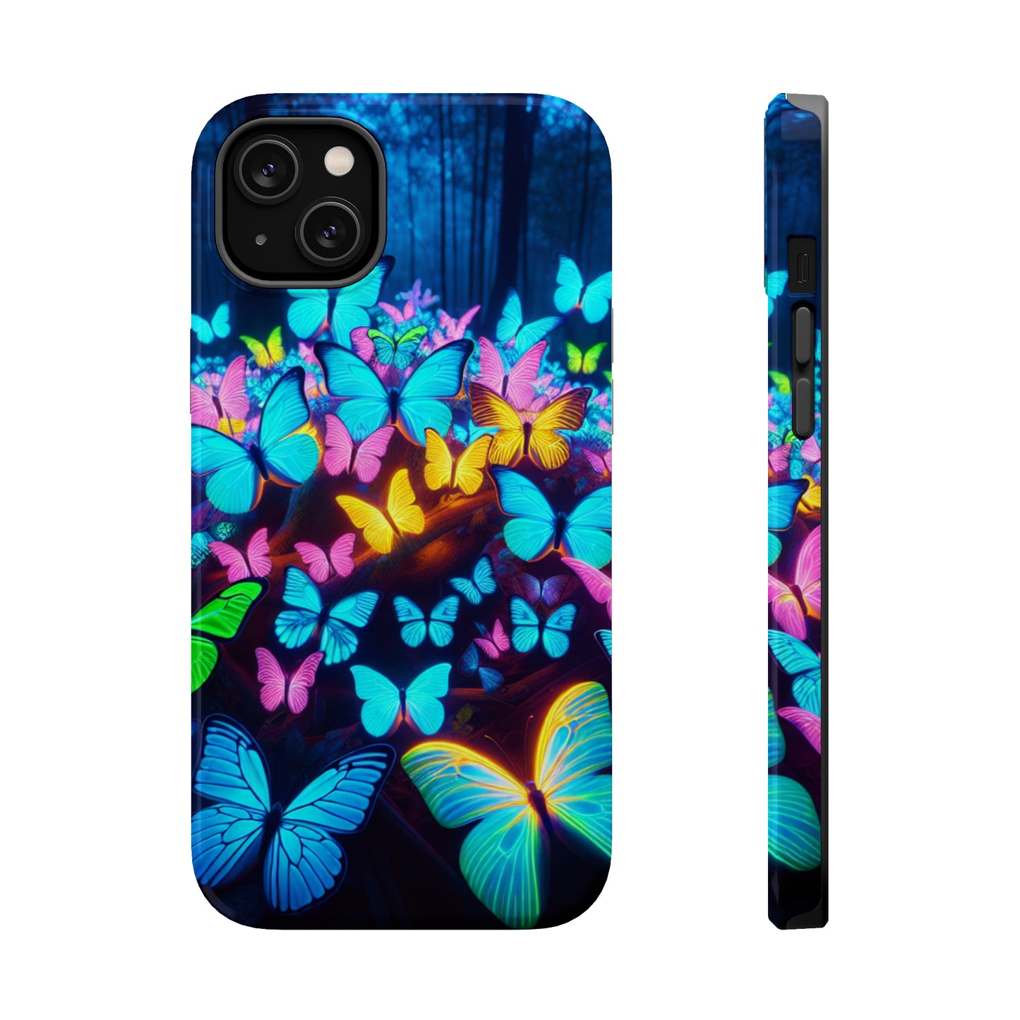 "Scintillating Swirls of Neon Butterflies" Neon Butterflies Premium Art Magsafe Magnet Tough IPhone 13 14 15 Pro Plus Max and Mini in Matte and Glossy Phone cases