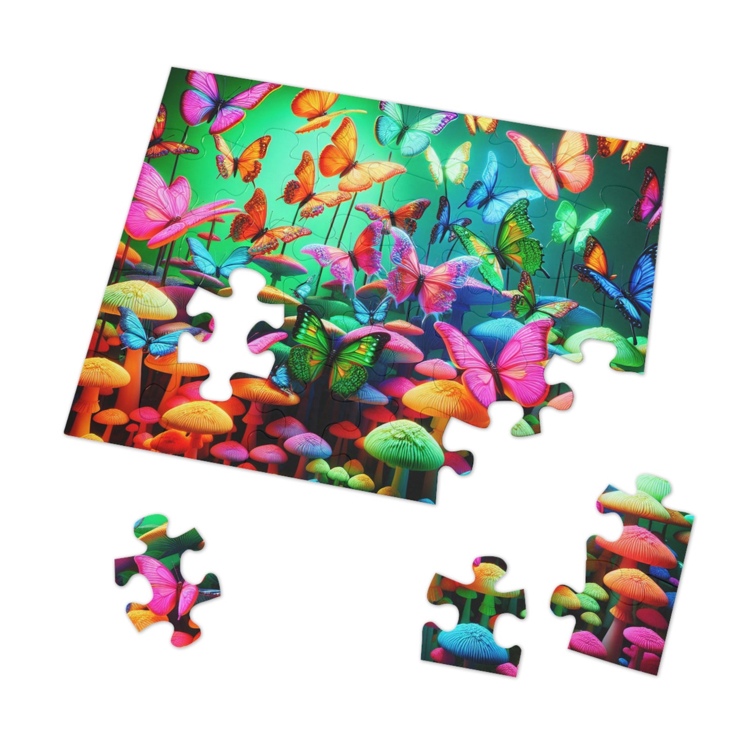 Neon Splendor. - Neon Butterflies and Mushrooms Puzzle 30, 110, 252, and 1000 Pieces