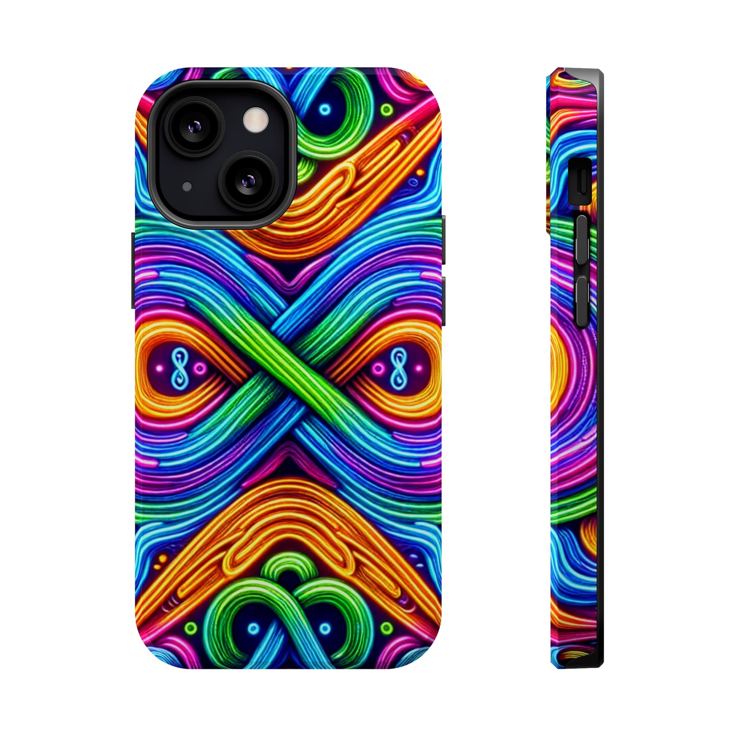 Cosmic Neon Infinity Spectacular. Neon Trippy Infinity Patterns Premium Art Magsafe Magnet Tough IPhone 13 14 15 Pro Plus Max and Mini in Matte and Glossy Phone cases