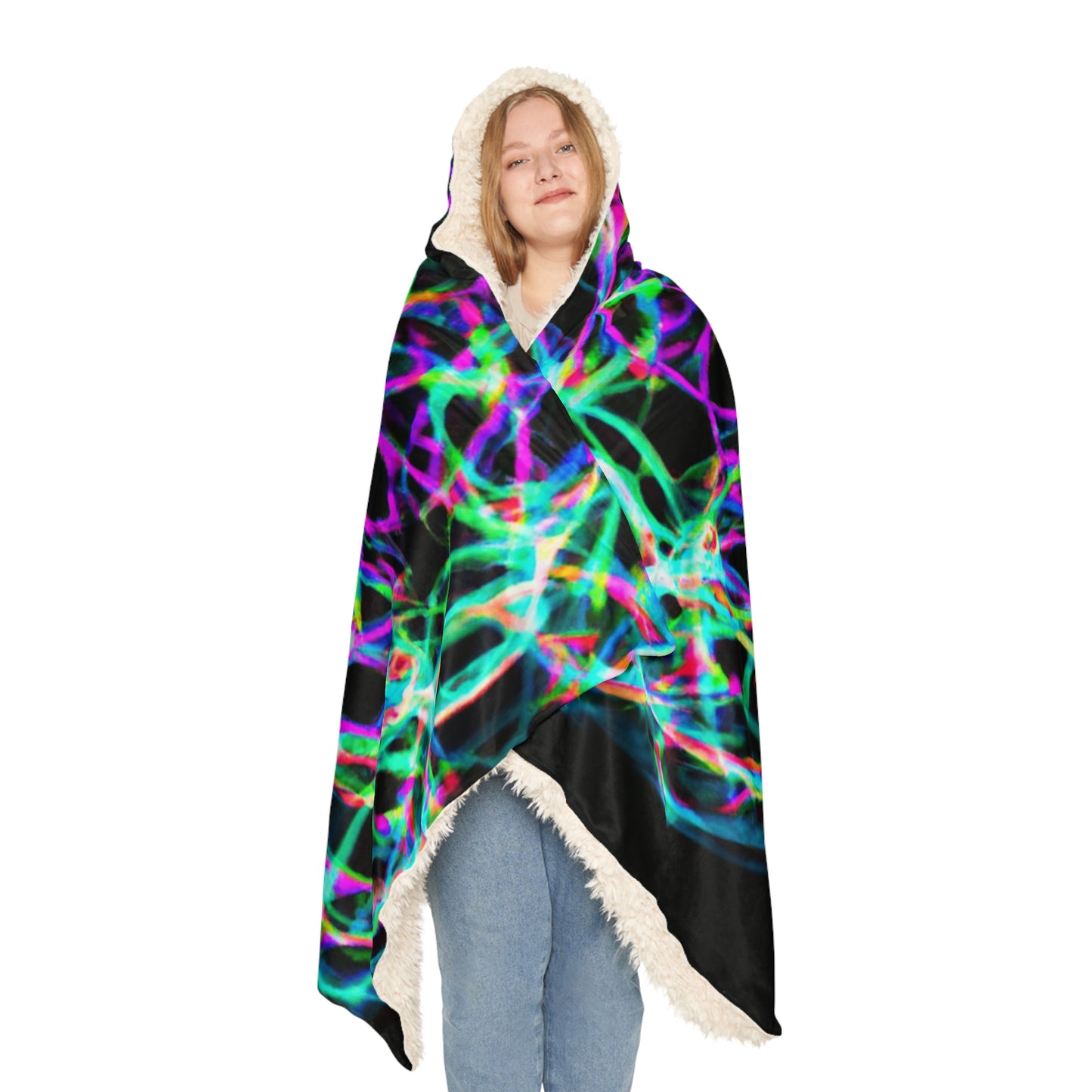 Vivid Neon Cyberspace Maze - NEON Infinity Patterns Art Hooded Snuggle Blanket