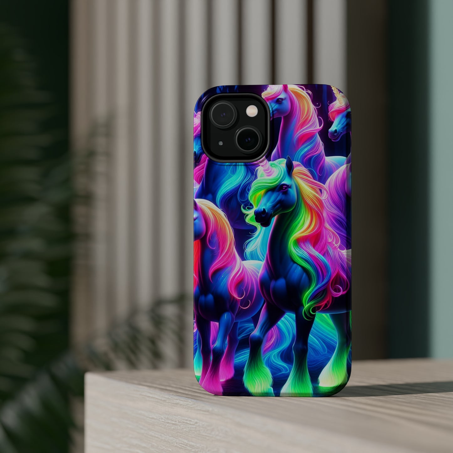 Neon Magic Skies - Unicorn Gang. Neon Unicorns Premium Art Magsafe Magnet Tough IPhone 13 14 15 Pro Plus Max and Mini in Matte and Glossy Phone cases