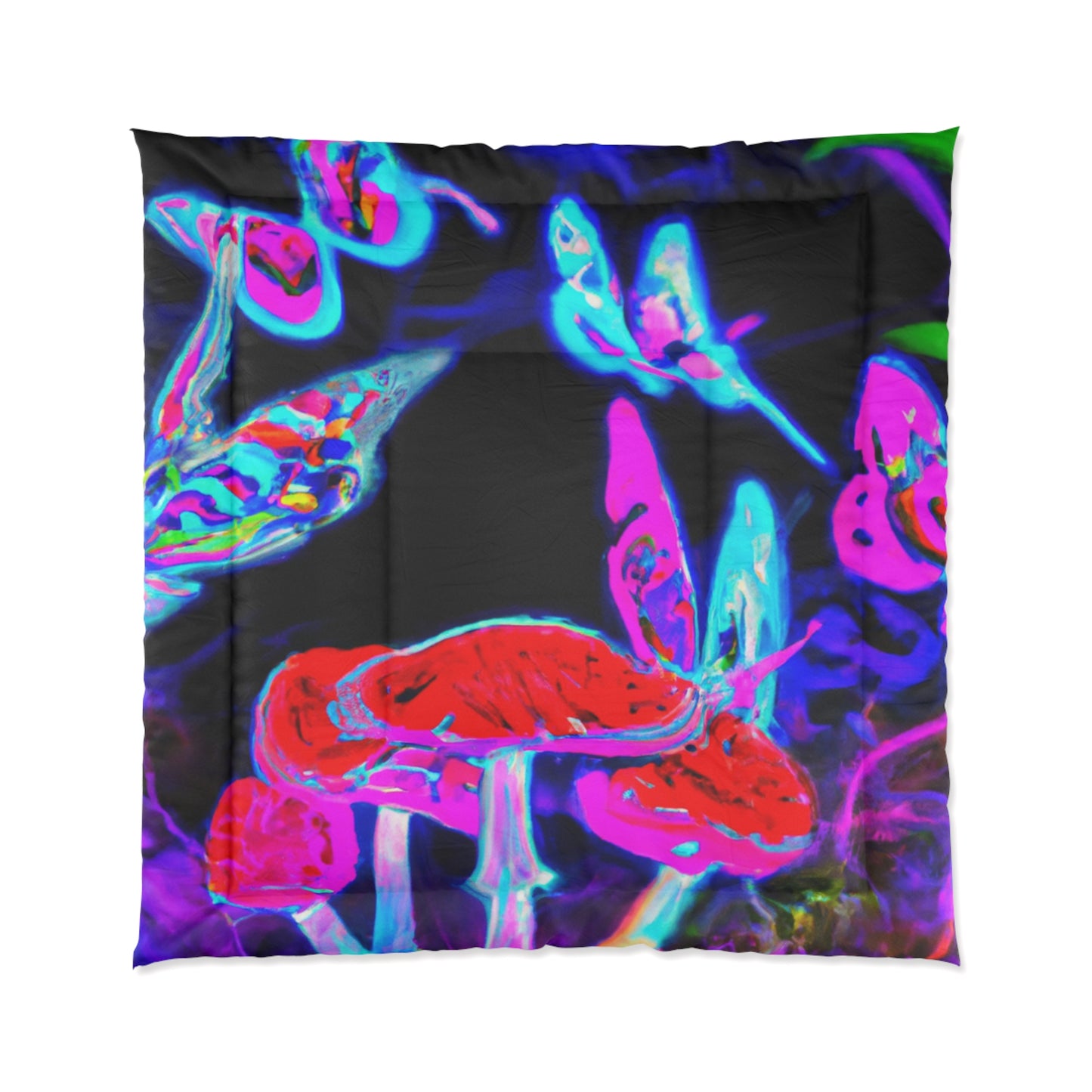 Vivid Neon Dreamscape. Butterflies & Mushrooms Comforter Blanket
