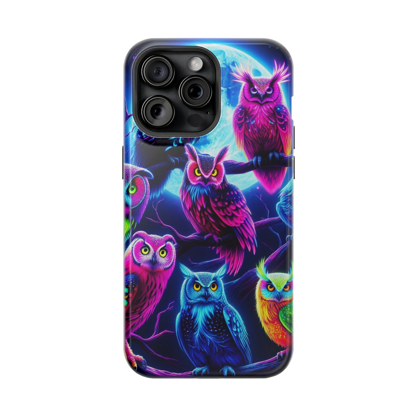 "Neon Splash of Owls" Neon Owls Premium Art Magsafe Magnet Tough IPhone 13 14 15 Pro Plus Max and Mini in Matte and Glossy Phone cases