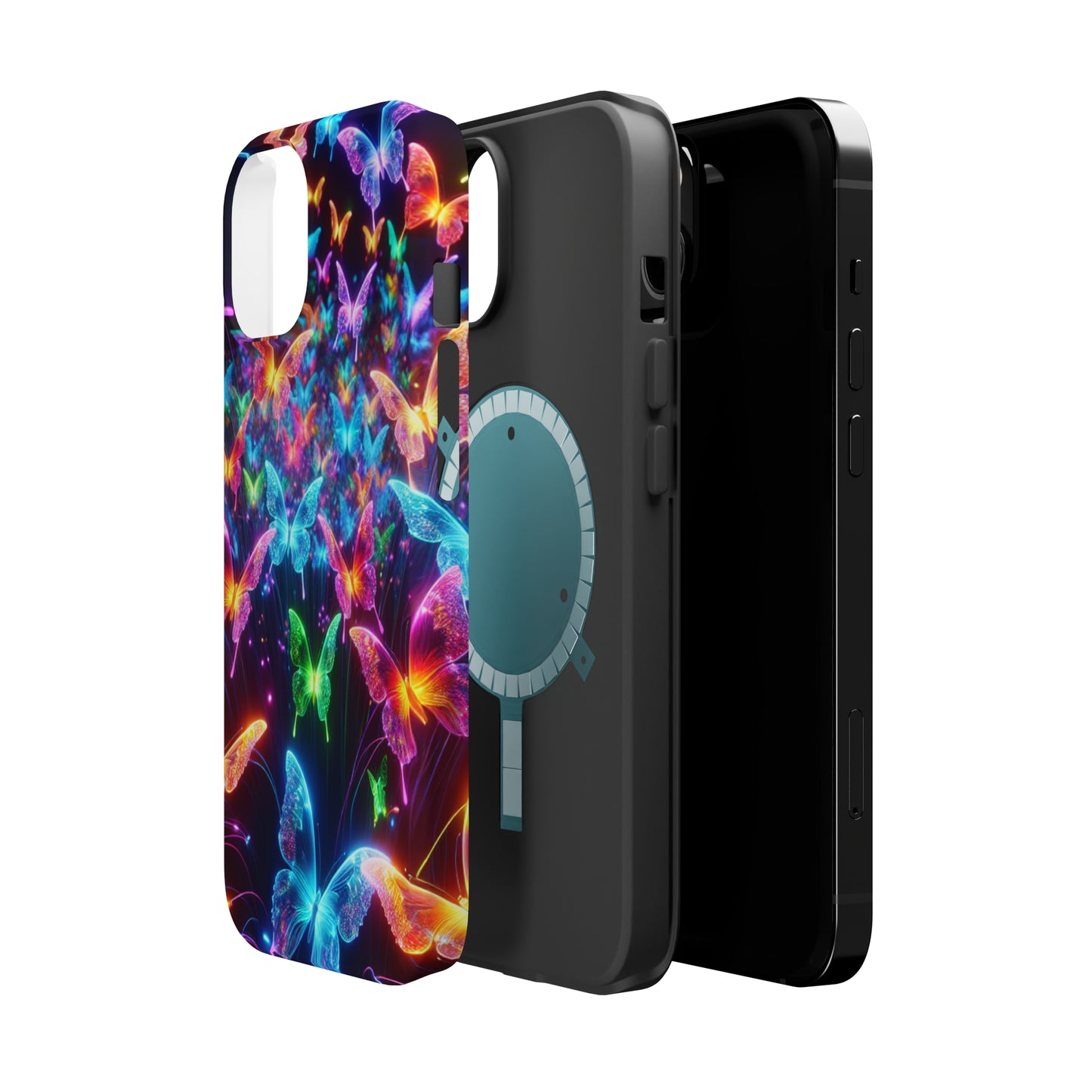 "Neon Flutterburst" Neon Butterflies Premium Art Magsafe Magnet Tough IPhone 13 14 15 Pro Plus Max and Mini in Matte and Glossy Phone cases