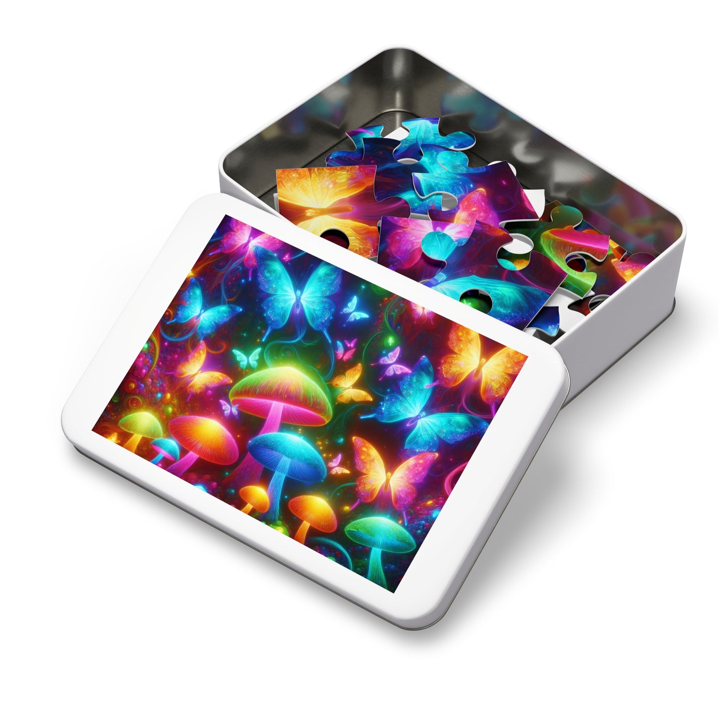 Neon Fluttergleam. - Neon Butterflies and Mushrooms Puzzle 30, 110, 252, and 1000 Pieces