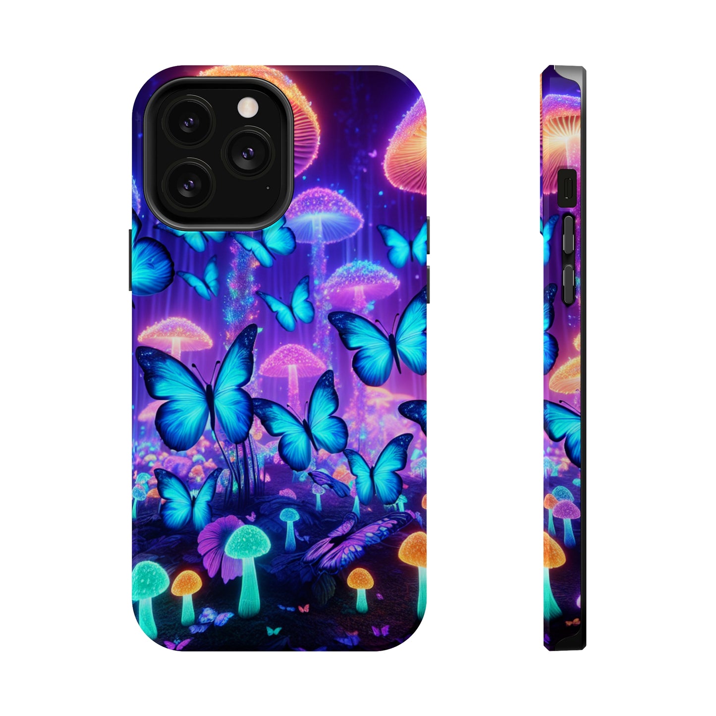 Neon Delight Landscape Neon Butterflies and Mushrooms Premium Art Magsafe Magnet Tough IPhone 13 14 15 Pro Plus Max and Mini in Matte and Glossy Phone cases