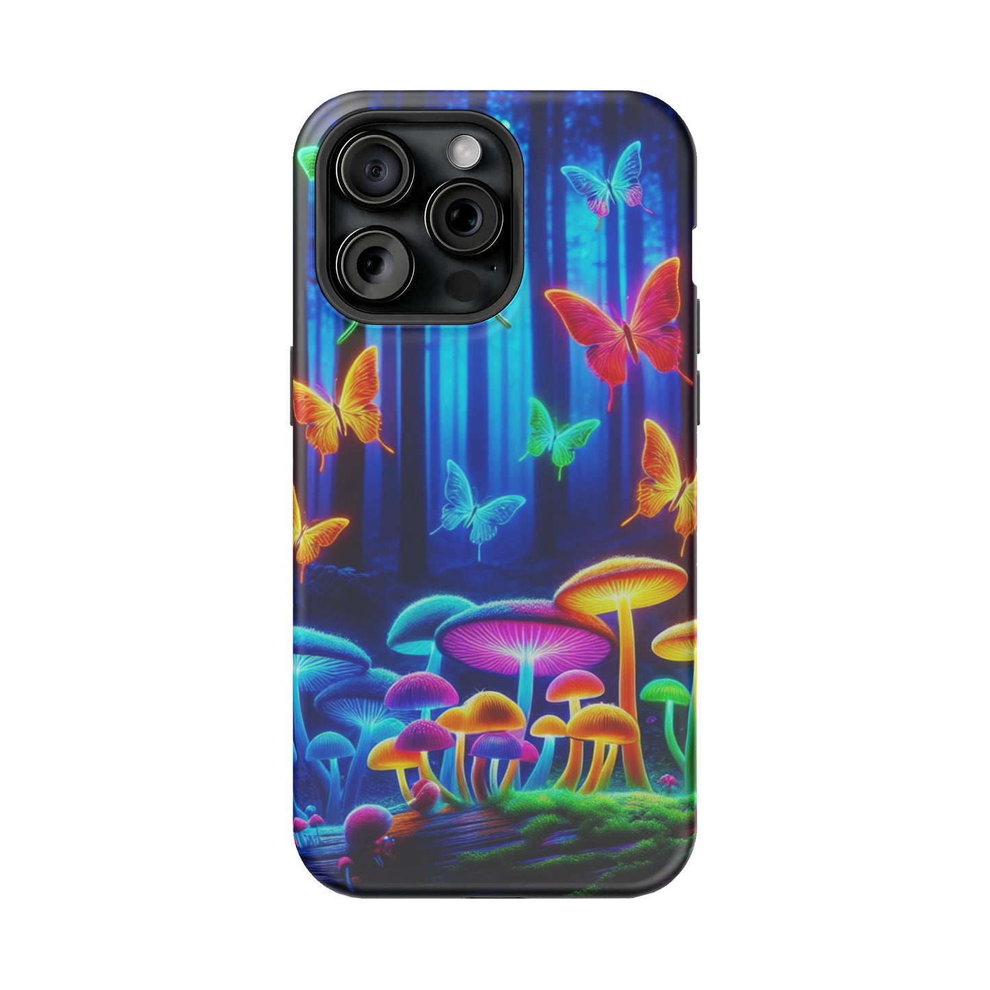 "Neon Garden Delight" Neon Butterflies and Mushrooms Premium Art Magsafe Magnet Tough IPhone 13 14 15 Pro Plus Max and Mini in Matte and Glossy Phone cases