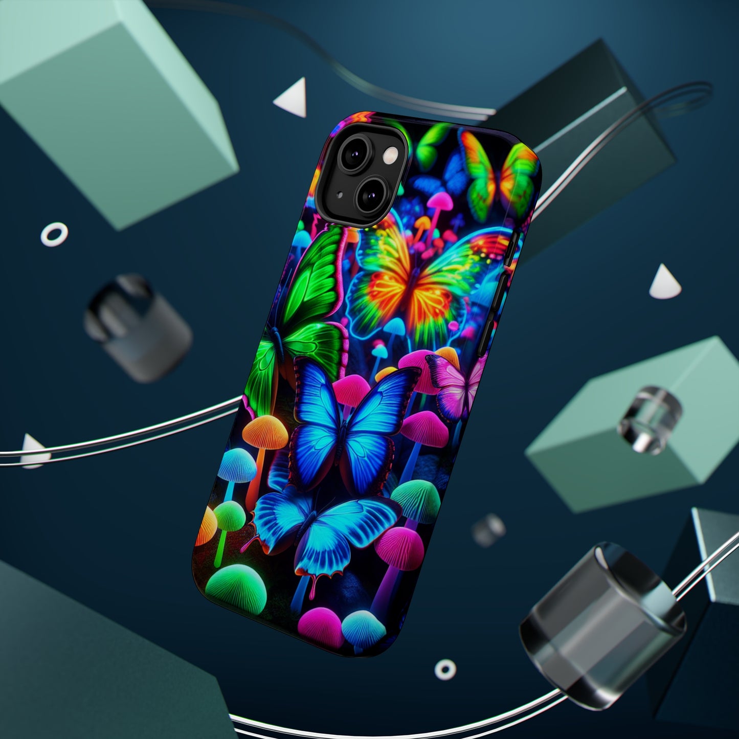 "Fantastic Fruition" Neon Butterflies and Mushrooms Premium Art Magsafe Magnet Tough IPhone 13 14 15 Pro Plus Max and Mini in Matte and Glossy Phone cases