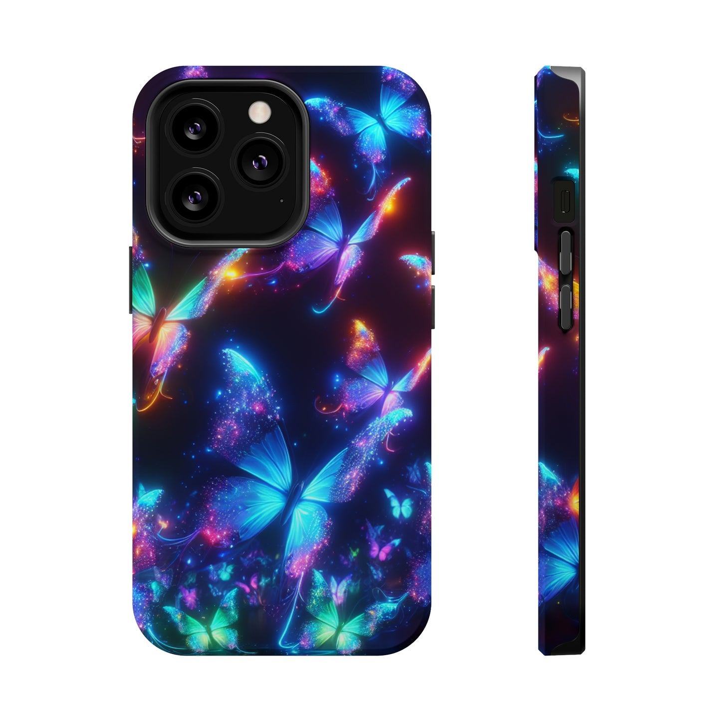 "Electrically Vivid Reverie" Neon Butterflies Premium Art Magsafe Magnet Tough IPhone 13 14 15 Pro Plus Max and Mini in Matte and Glossy Phone cases