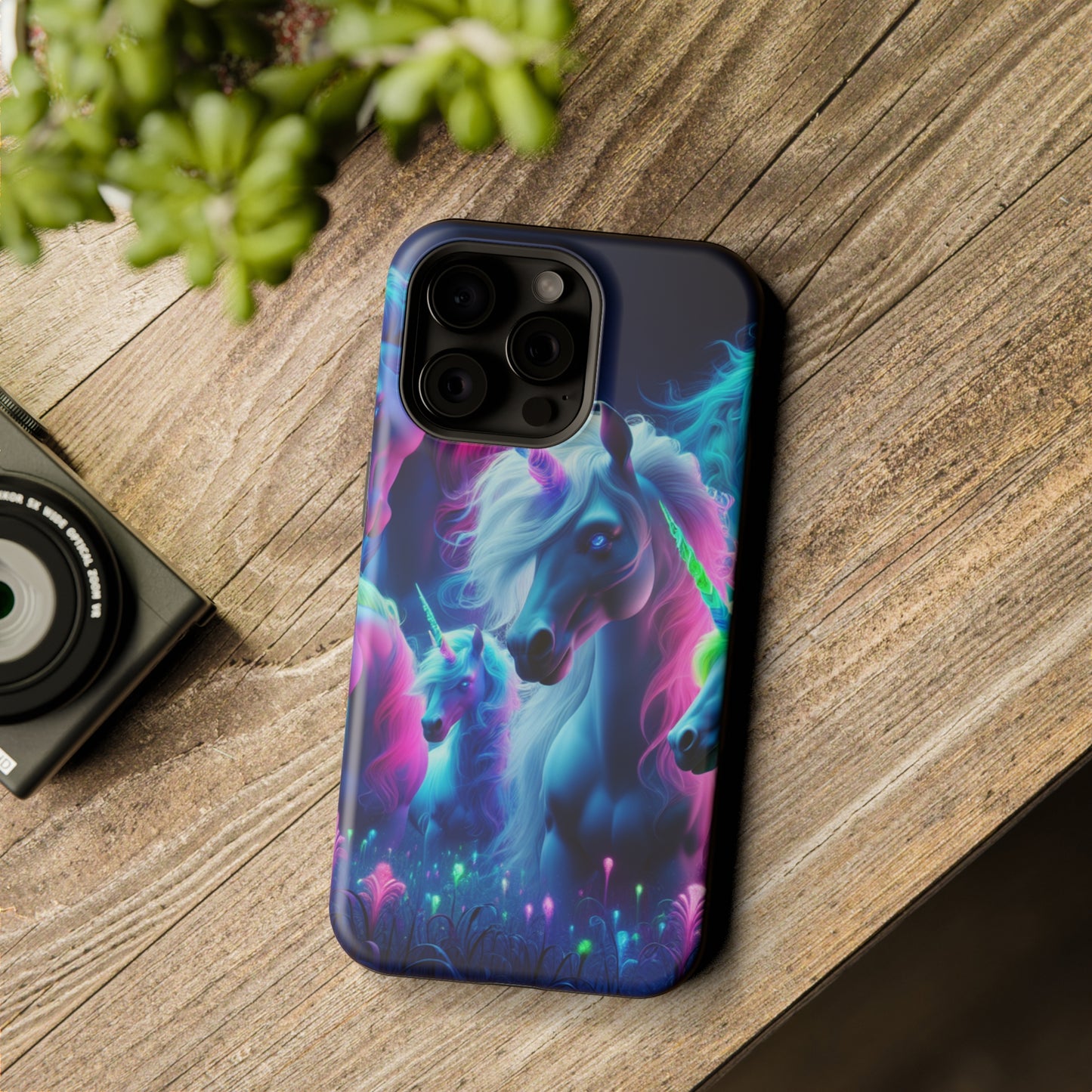 "Unicorn Flux-scape" Neon Unicorns Premium Art Magsafe Magnet Tough IPhone 13 14 15 Pro Plus Max and Mini in Matte and Glossy Phone cases