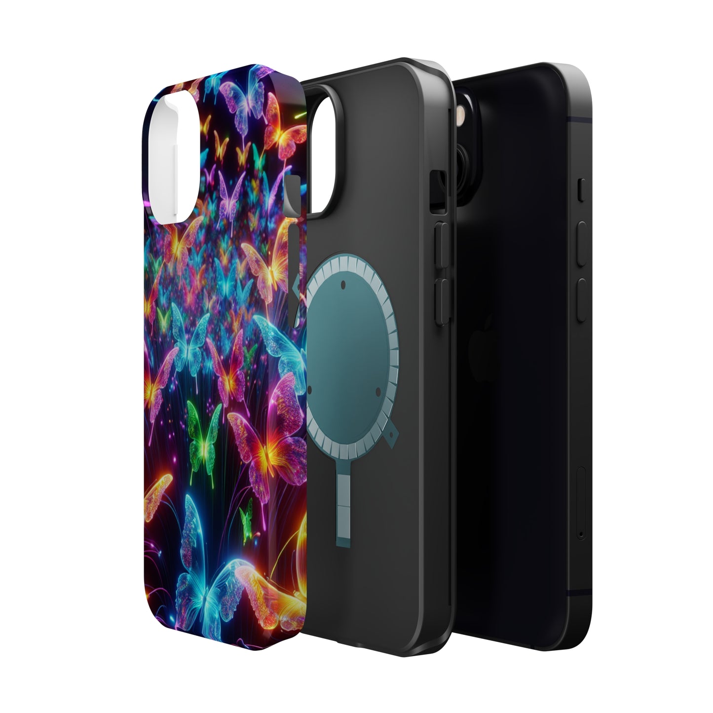 "Neon Flutterburst" Neon Butterflies Premium Art Magsafe Magnet Tough IPhone 13 14 15 Pro Plus Max and Mini in Matte and Glossy Phone cases