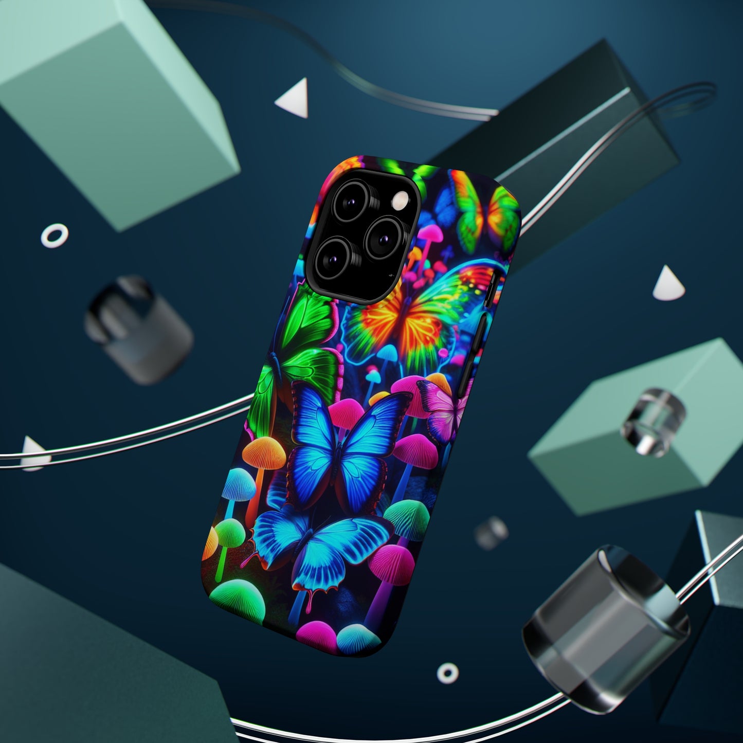 "Fantastic Fruition" Neon Butterflies and Mushrooms Premium Art Magsafe Magnet Tough IPhone 13 14 15 Pro Plus Max and Mini in Matte and Glossy Phone cases