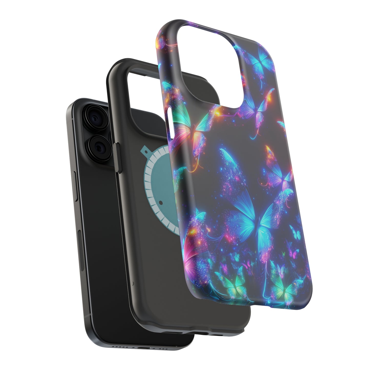 "Electrically Vivid Reverie" Neon Butterflies Premium Art Magsafe Magnet Tough IPhone 13 14 15 Pro Plus Max and Mini in Matte and Glossy Phone cases