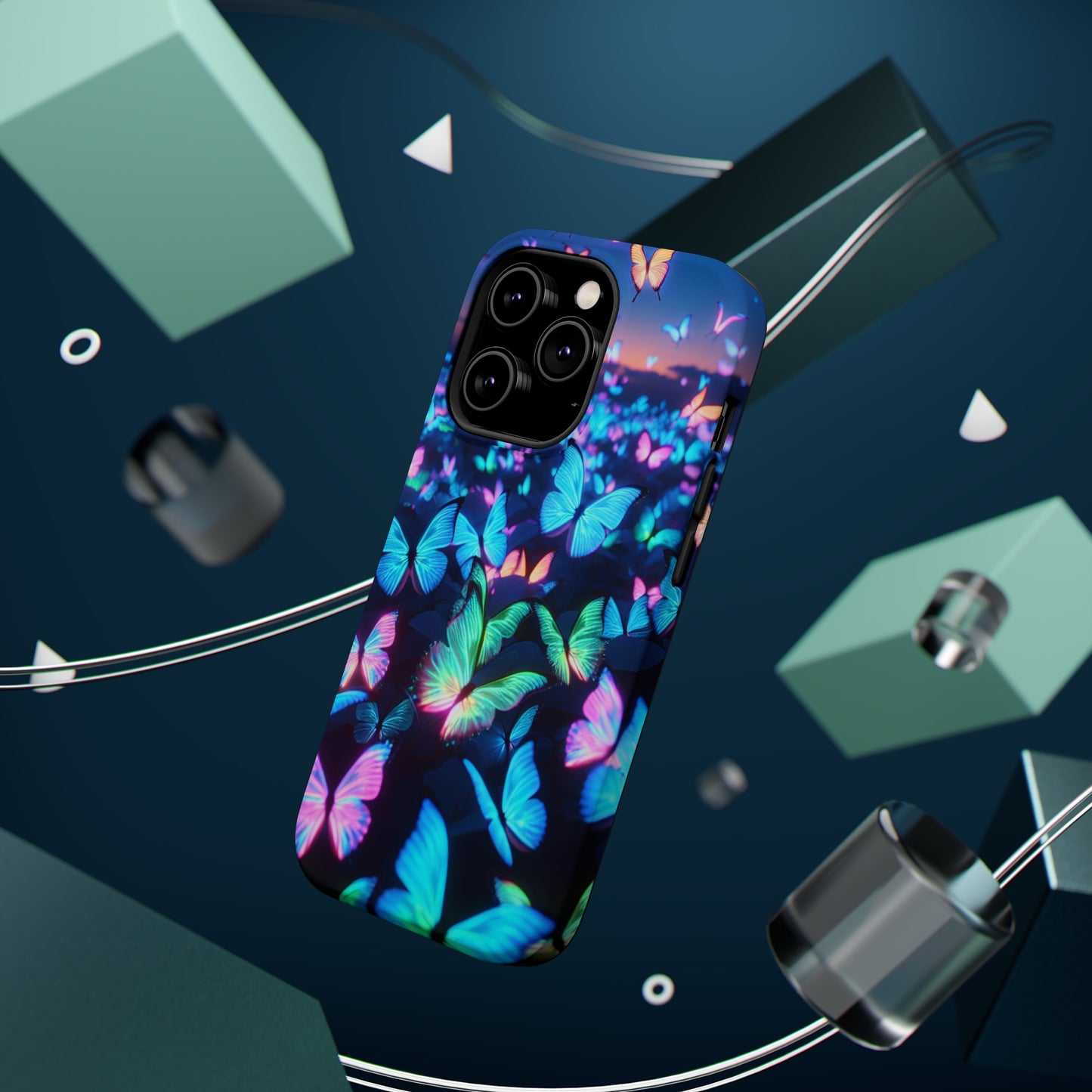 "Fantasia of Neon Butterflies" Neon Butterflies Premium Art Magsafe Magnet Tough IPhone 13 14 15 Pro Plus Max and Mini in Matte and Glossy Phone cases