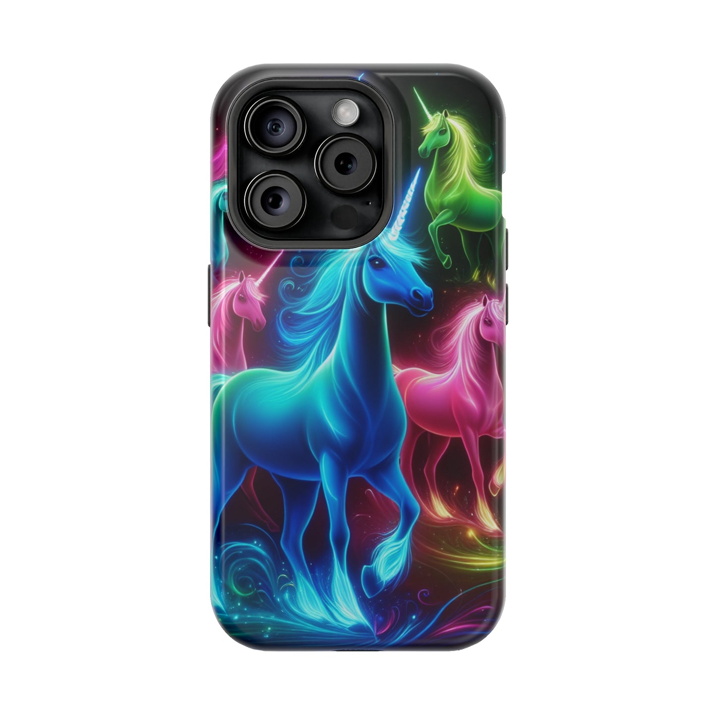 Neon Rainbow Herd. Neon Unicorns Premium Art Magsafe Magnet Tough IPhone 13 14 15 Pro Plus Max and Mini in Matte and Glossy Phone cases