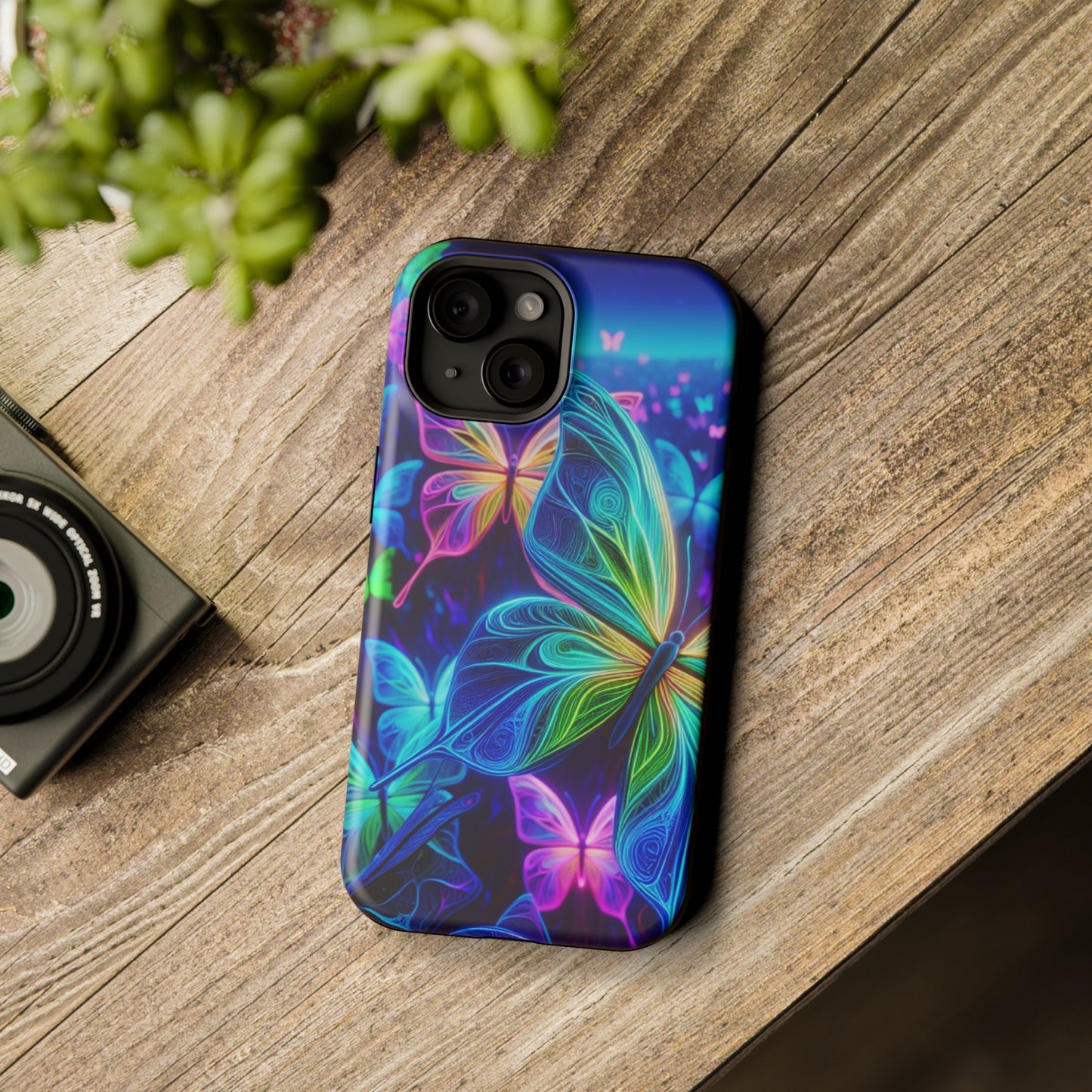 'Serene Spectacle of Neon Butterflies' Neon Butterflies Premium Art Magsafe Magnet Tough IPhone 13 14 15 Pro Plus Max and Mini in Matte and Glossy Phone cases