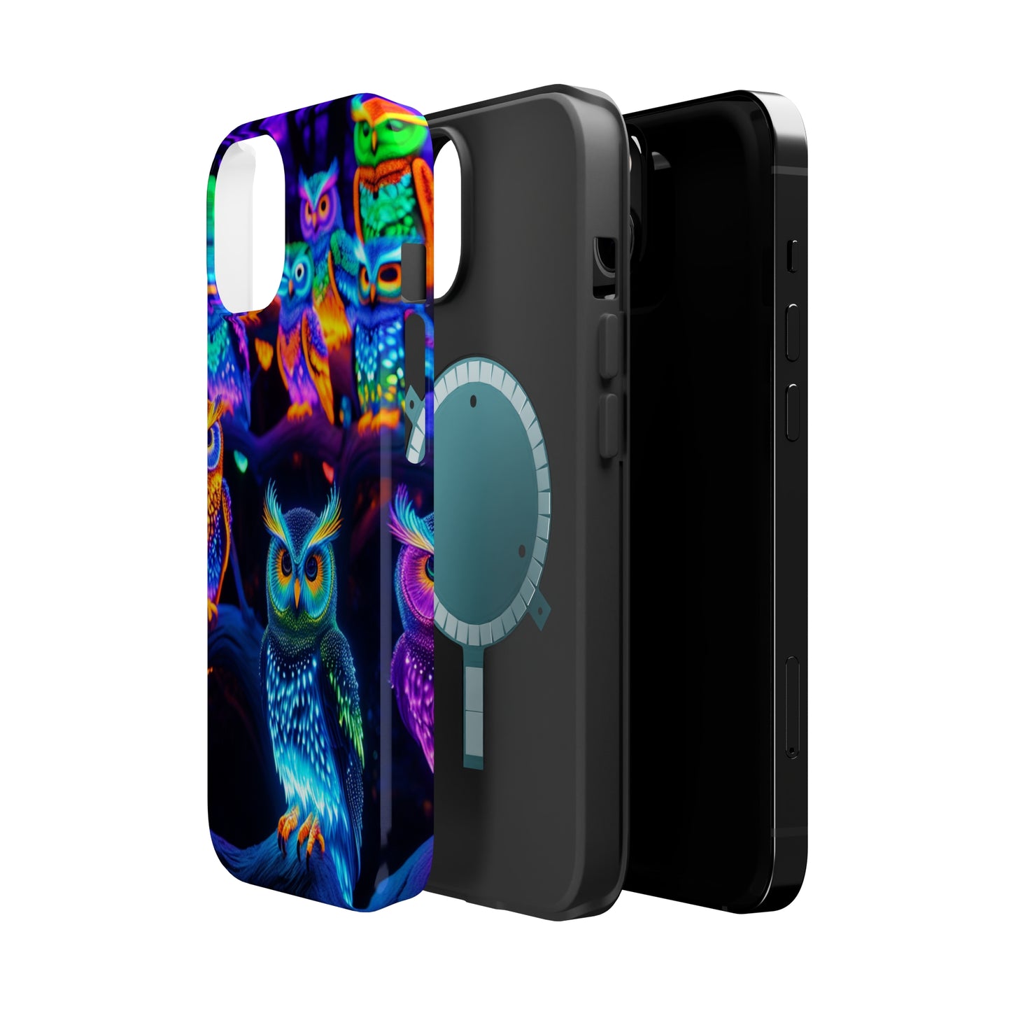 Glowing Neon Clan. Neon Owls Premium Art Magsafe Magnet Tough IPhone 13 14 15 Pro Plus Max and Mini in Matte and Glossy Phone cases
