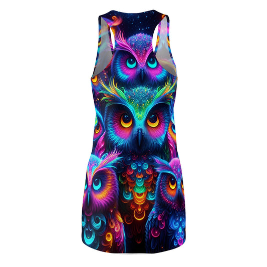 "Fluorescent Flight" Neon Owls Racerback Dress