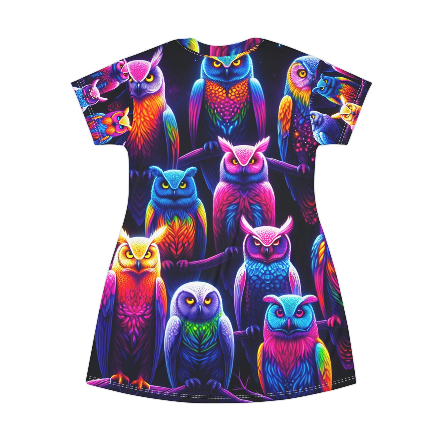 "Owlmaste of the Prismatic Night" Neon Owls Womans T Shirt Dress