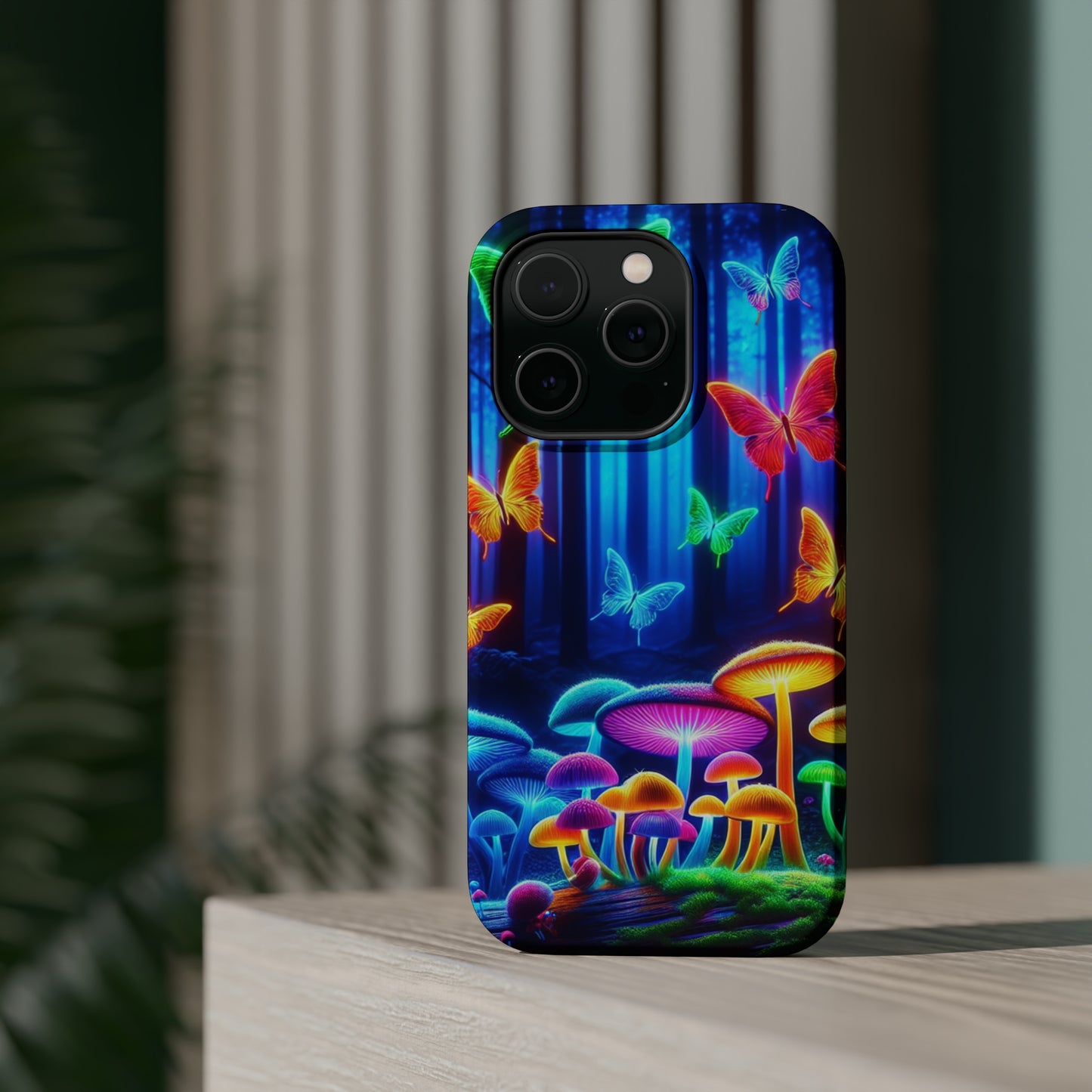"Neon Garden Delight" Neon Butterflies and Mushrooms Premium Art Magsafe Magnet Tough IPhone 13 14 15 Pro Plus Max and Mini in Matte and Glossy Phone cases