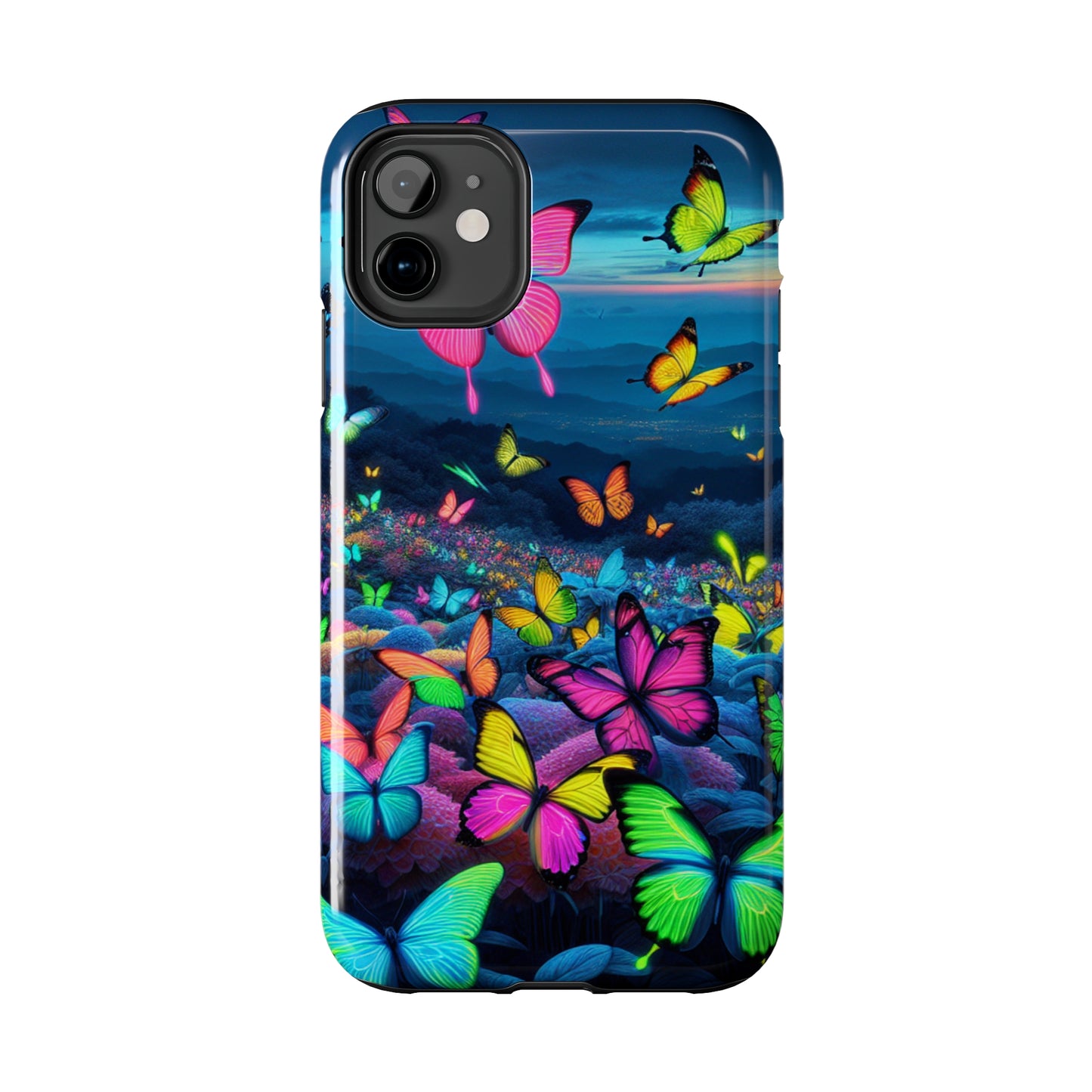 "Neon Flight Spectacle" NEON Butterflies Tough Phone Case Iphone 6 7 8 9 10 11 12 13 14 SE X XR XS Pro Max Mini Plus