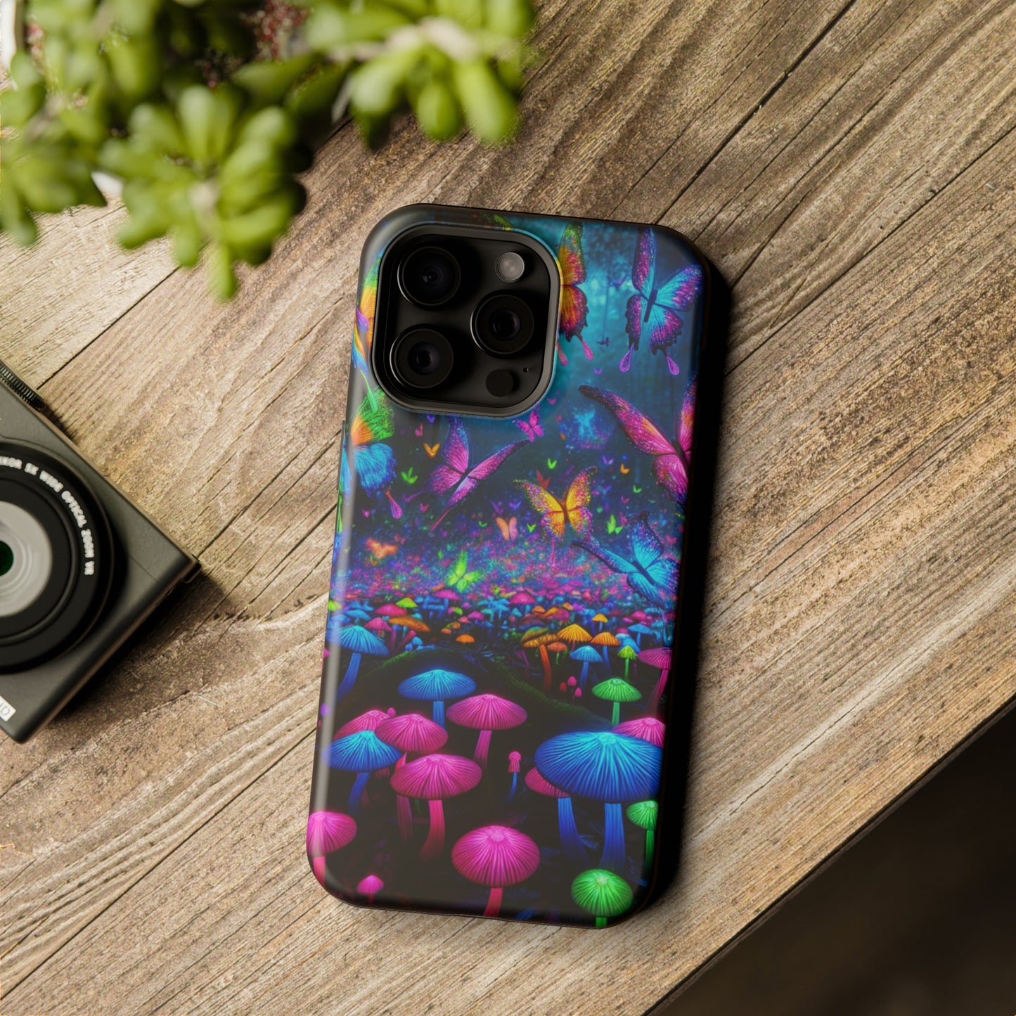 Neon Fruition Neon Butterflies and Mushrooms Premium Art Magsafe Magnet Tough IPhone 13 14 15 Pro Plus Max and Mini in Matte and Glossy Phone cases