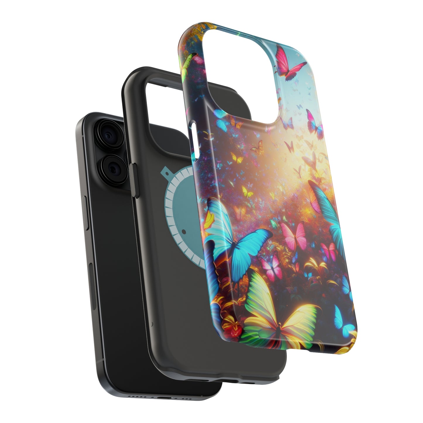 "Neon Butterfly Blooms" Neon Butterflies Premium Art Magsafe Magnet Tough IPhone 13 14 15 Pro Plus Max and Mini in Matte and Glossy Phone cases