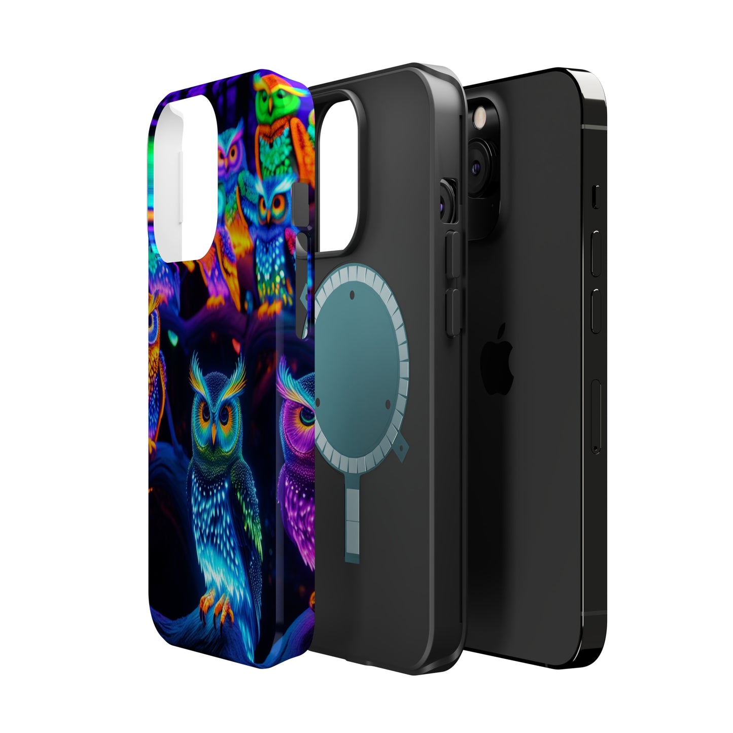 Glowing Neon Clan. Neon Owls Premium Art Magsafe Magnet Tough IPhone 13 14 15 Pro Plus Max and Mini in Matte and Glossy Phone cases
