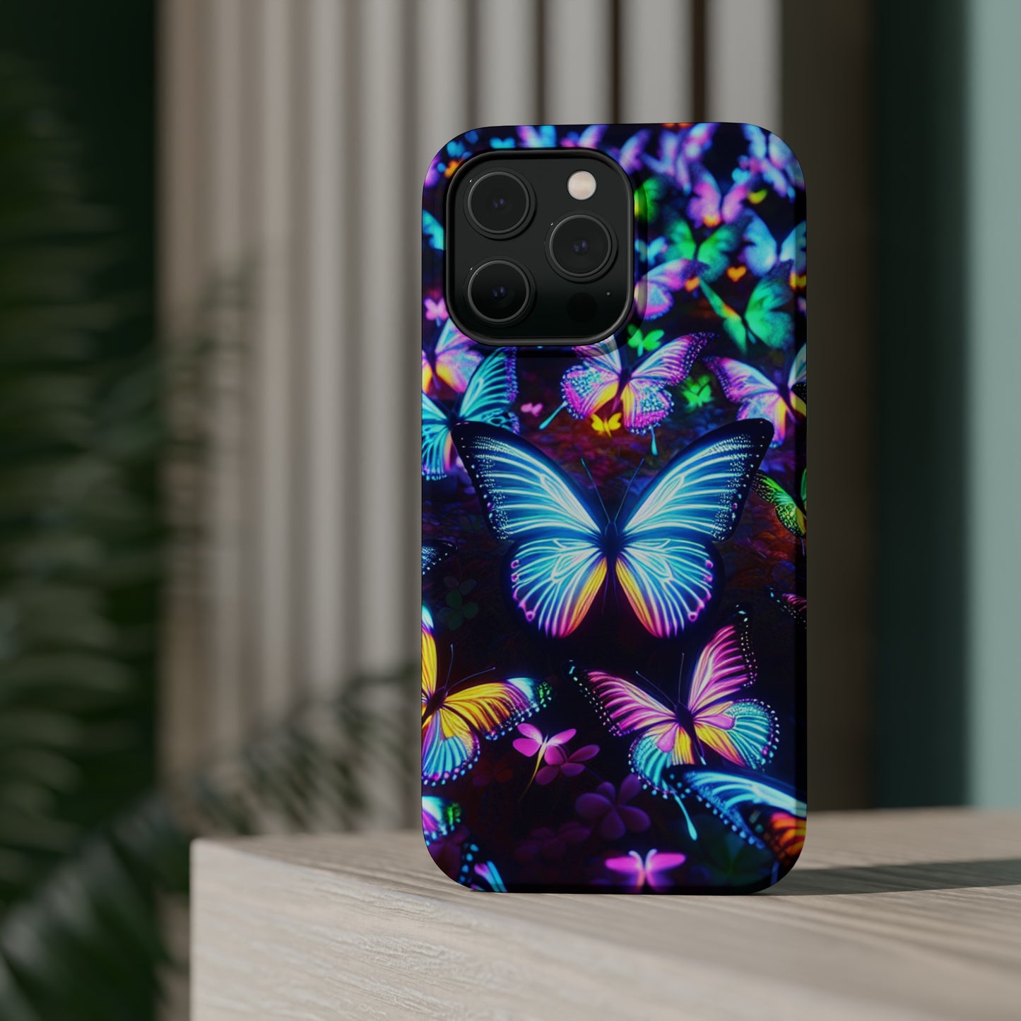 "Neon Butterflies in the Night Sky" Neon Butterflies Premium Art Magsafe Magnet Tough IPhone 13 14 15 Pro Plus Max and Mini in Matte and Glossy Phone cases