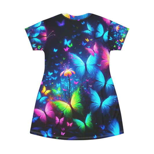 "Electric Flutter" Neon Butterflies Womans T Shirt Dress