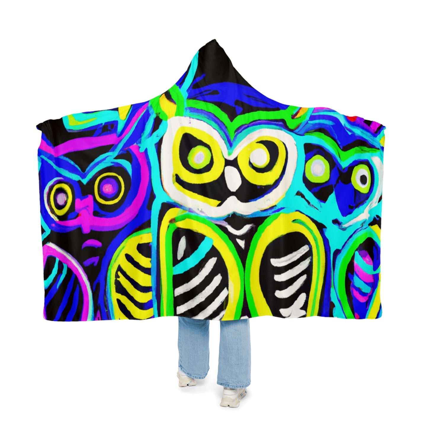 "Owls in Technicolor". - NEON Owls Art Hooded Snuggle Blanket