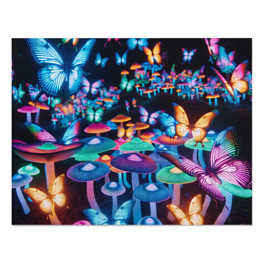 Neon Butterflies Blooms - Neon Butterflies and Mushrooms Puzzle 30, 110, 252, and 1000 Pieces