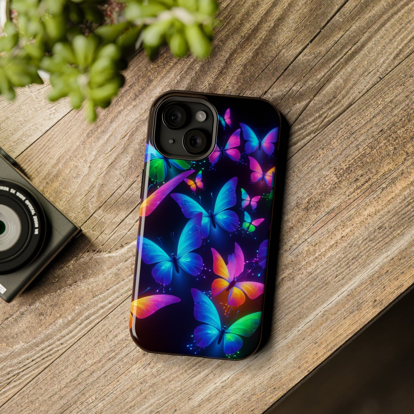 "Vibrant Neon Flutter" Neon Butterflies Premium Art Magsafe Magnet Tough IPhone 13 14 15 Pro Plus Max and Mini in Matte and Glossy Phone cases