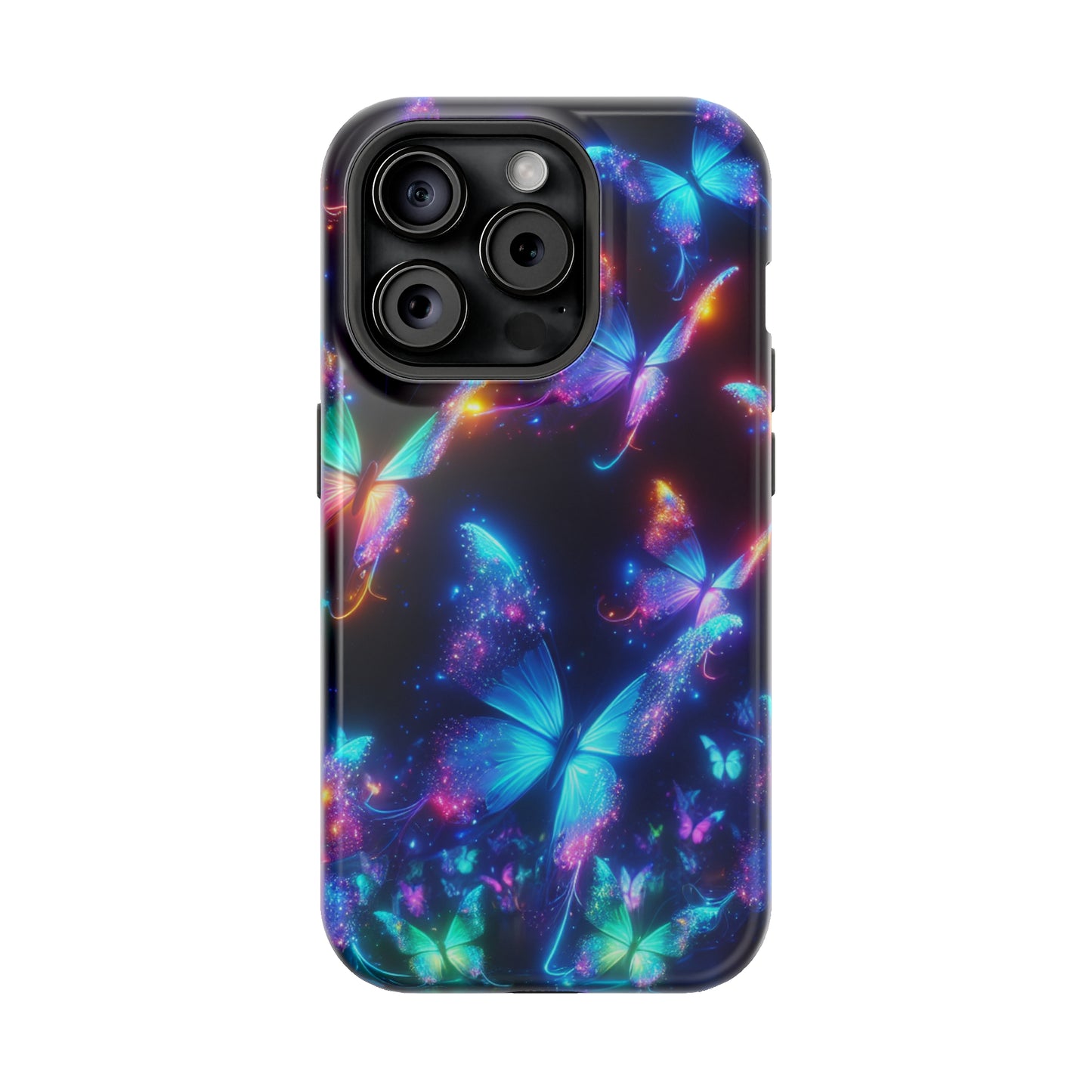 "Electrically Vivid Reverie" Neon Butterflies Premium Art Magsafe Magnet Tough IPhone 13 14 15 Pro Plus Max and Mini in Matte and Glossy Phone cases
