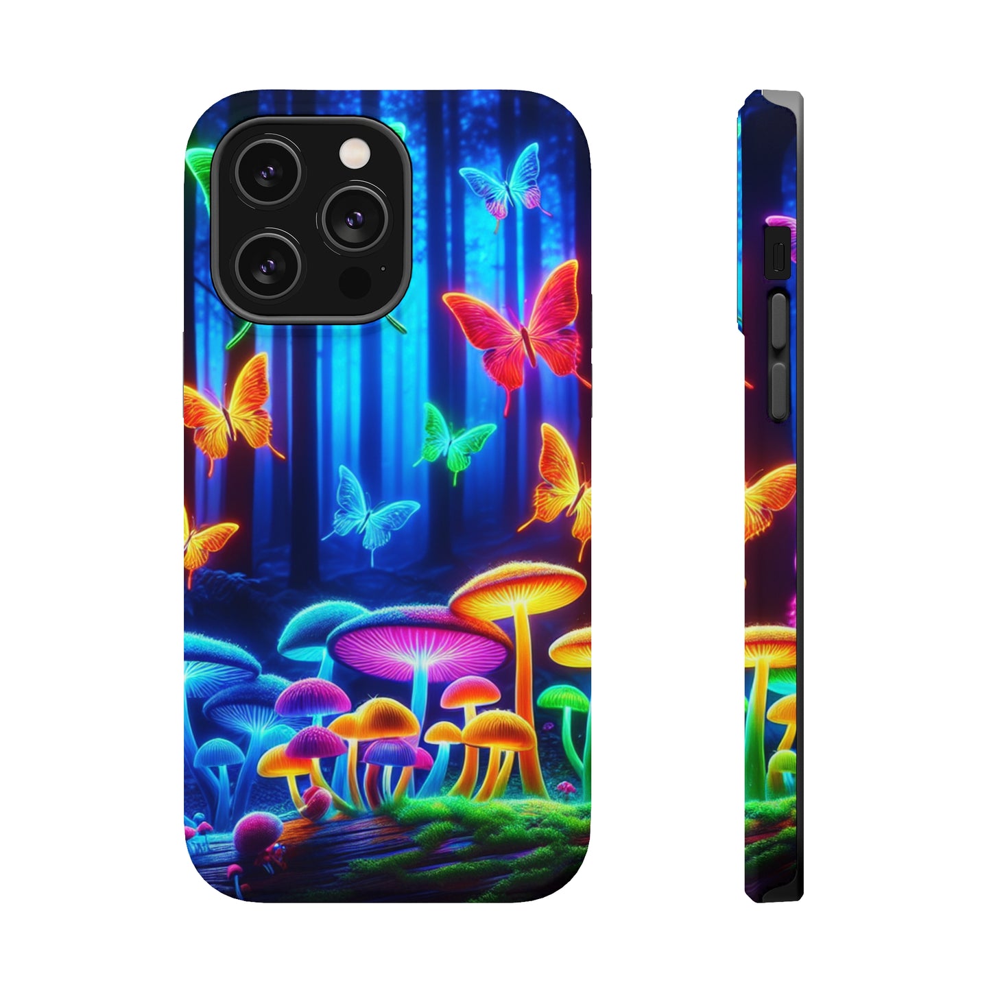 "Neon Garden Delight" Neon Butterflies and Mushrooms Premium Art Magsafe Magnet Tough IPhone 13 14 15 Pro Plus Max and Mini in Matte and Glossy Phone cases