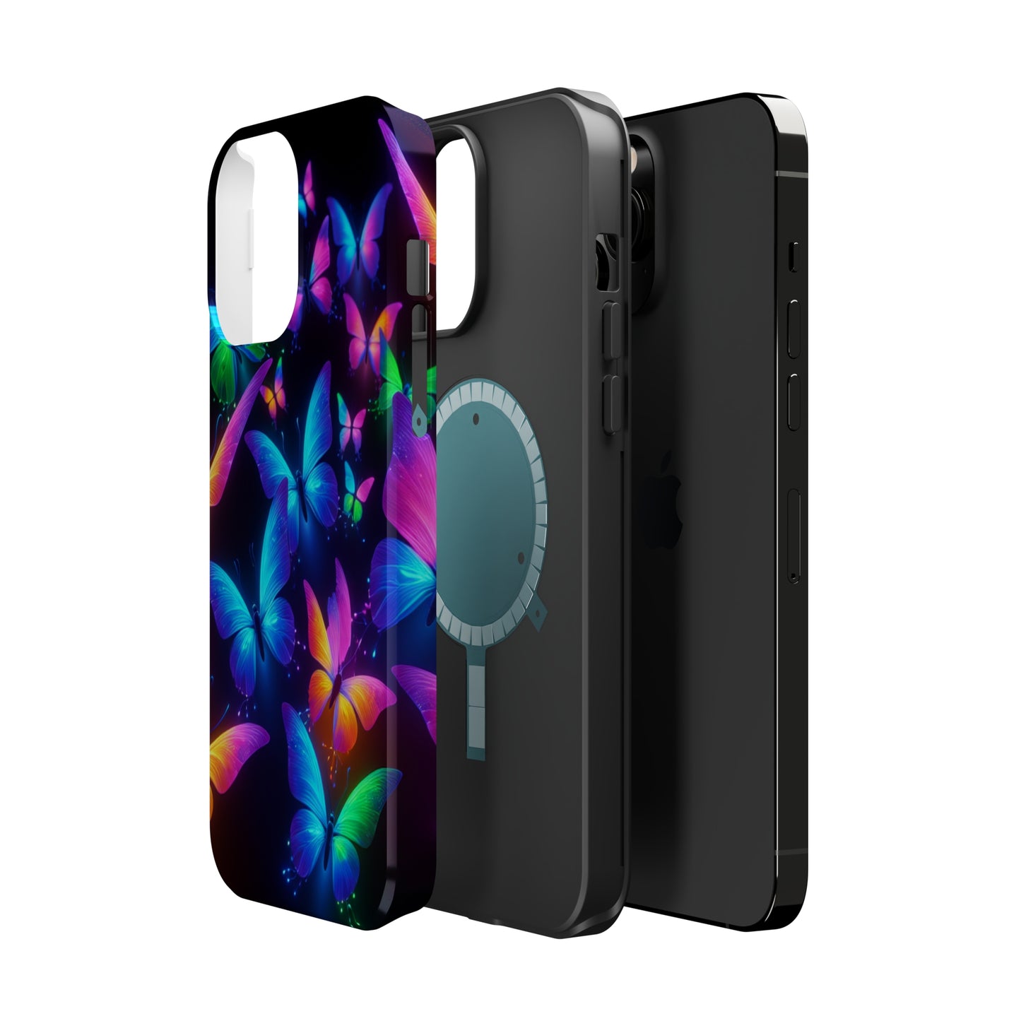 "Vibrant Neon Flutter" Neon Butterflies Premium Art Magsafe Magnet Tough IPhone 13 14 15 Pro Plus Max and Mini in Matte and Glossy Phone cases