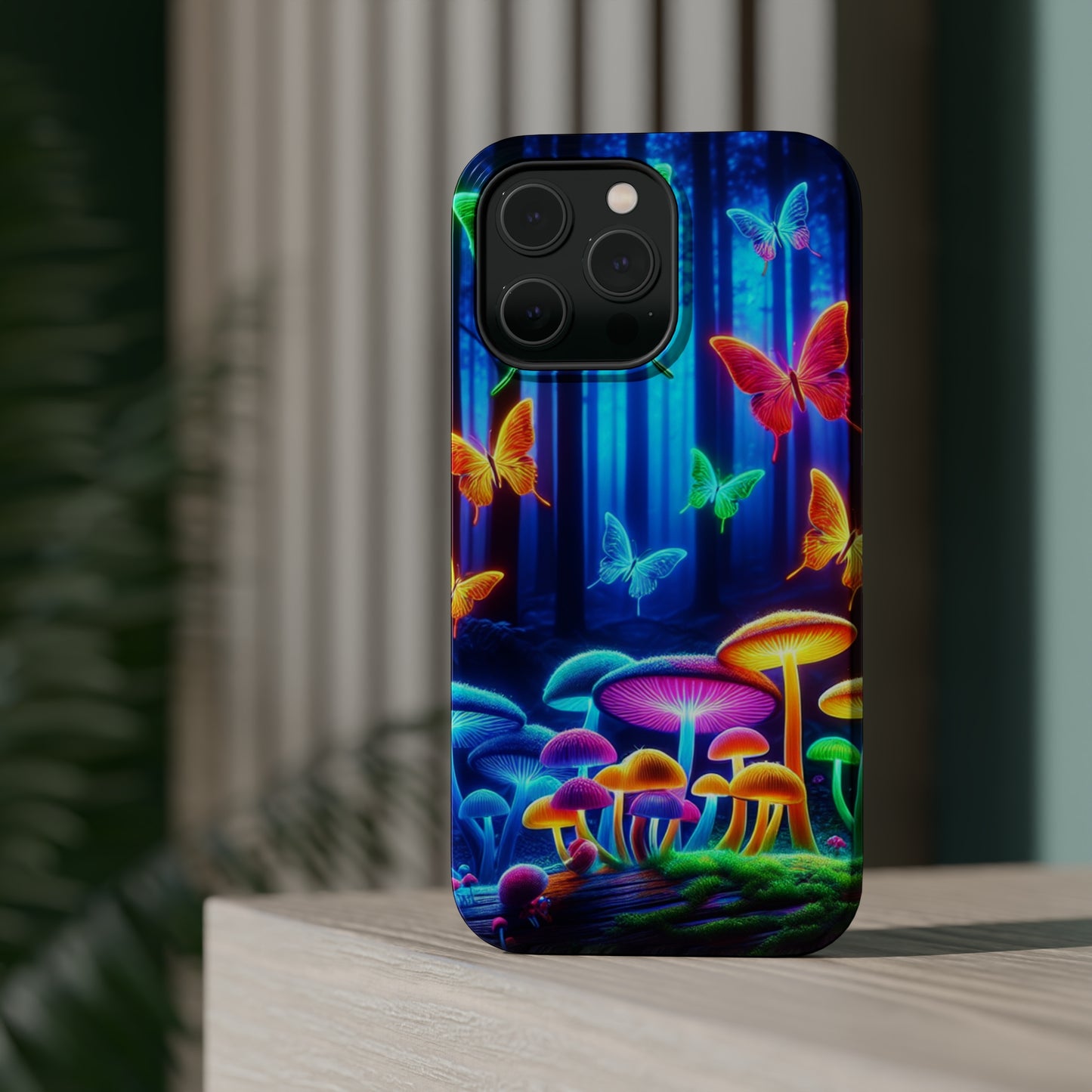 "Neon Garden Delight" Neon Butterflies and Mushrooms Premium Art Magsafe Magnet Tough IPhone 13 14 15 Pro Plus Max and Mini in Matte and Glossy Phone cases